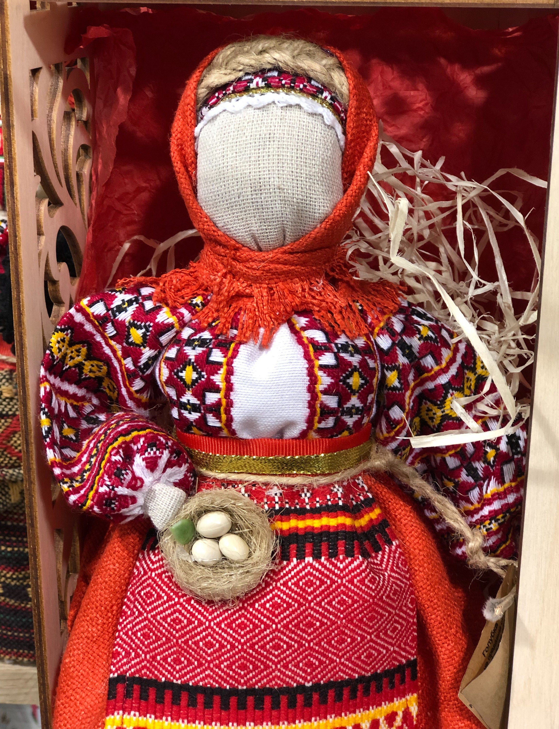 Unique Handmade Motanka Doll on Wooden Stand - Ukrainian Artisan, Perfect for Mother's Day
