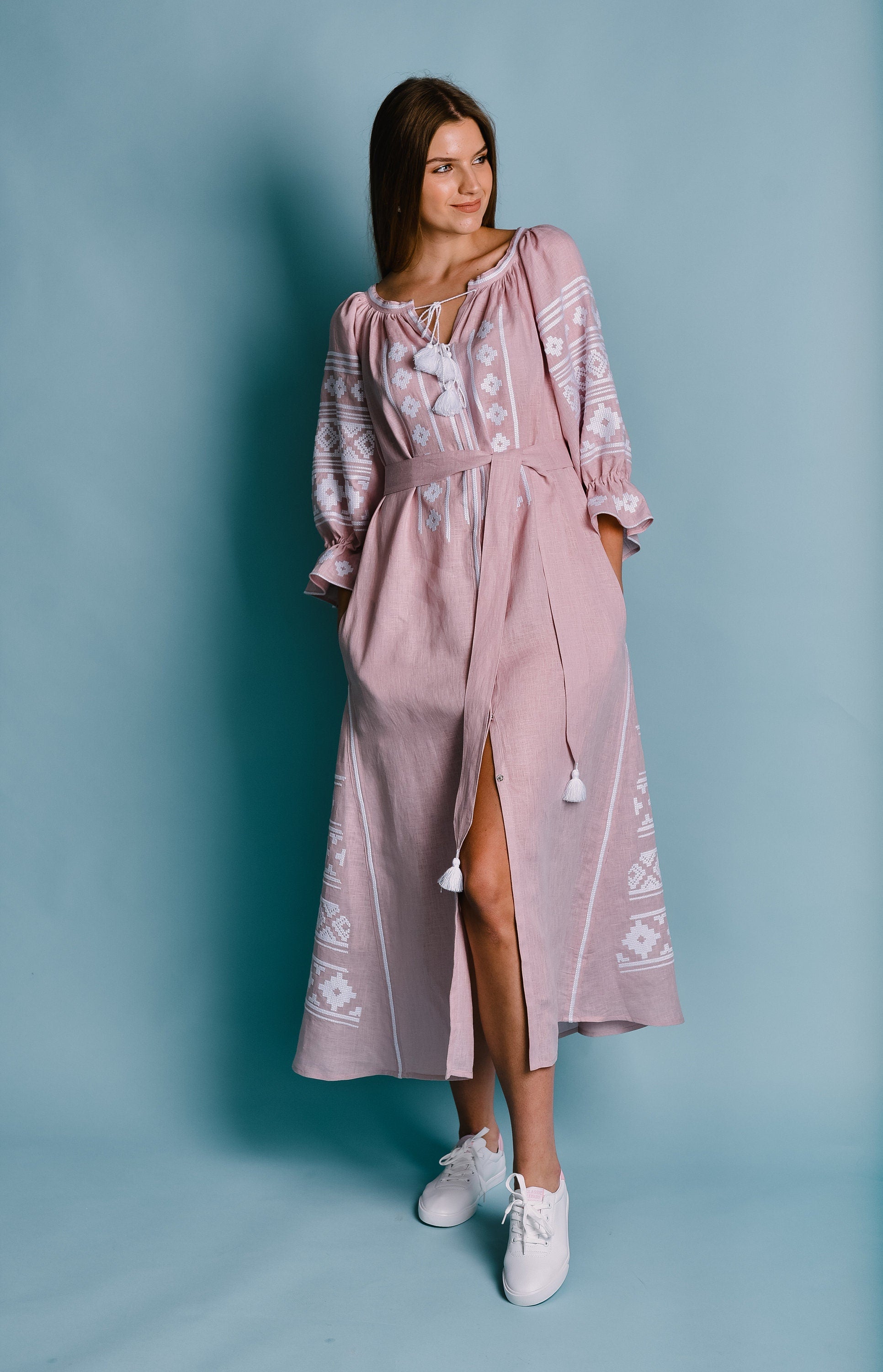 Pink Ukrainian Vyshyvanka Dress - Boho Embroidered Linen Dress