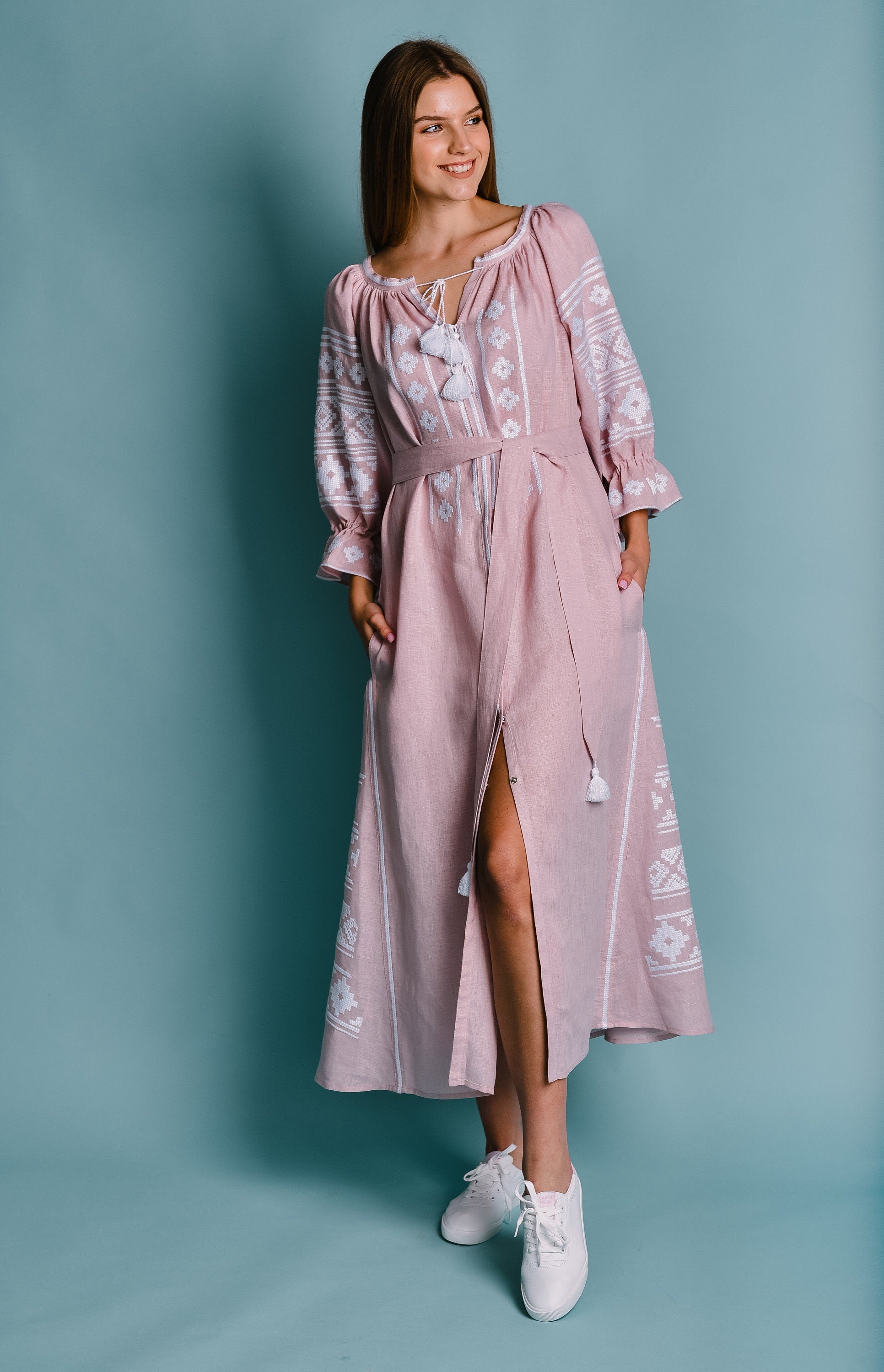 Pink Ukrainian Vyshyvanka Dress - Boho Embroidered Linen Dress