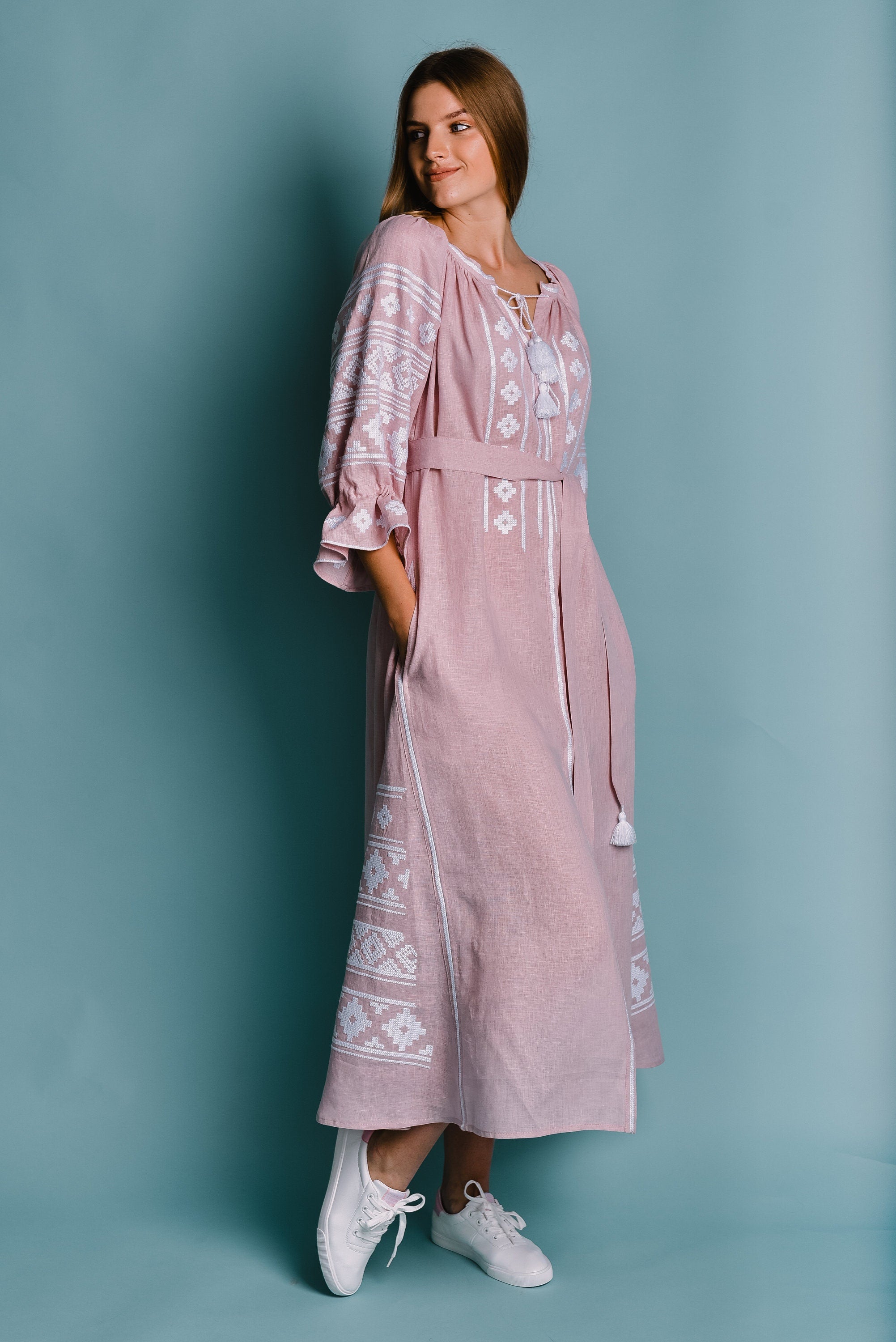 Pink Ukrainian Vyshyvanka Dress - Boho Embroidered Linen Dress