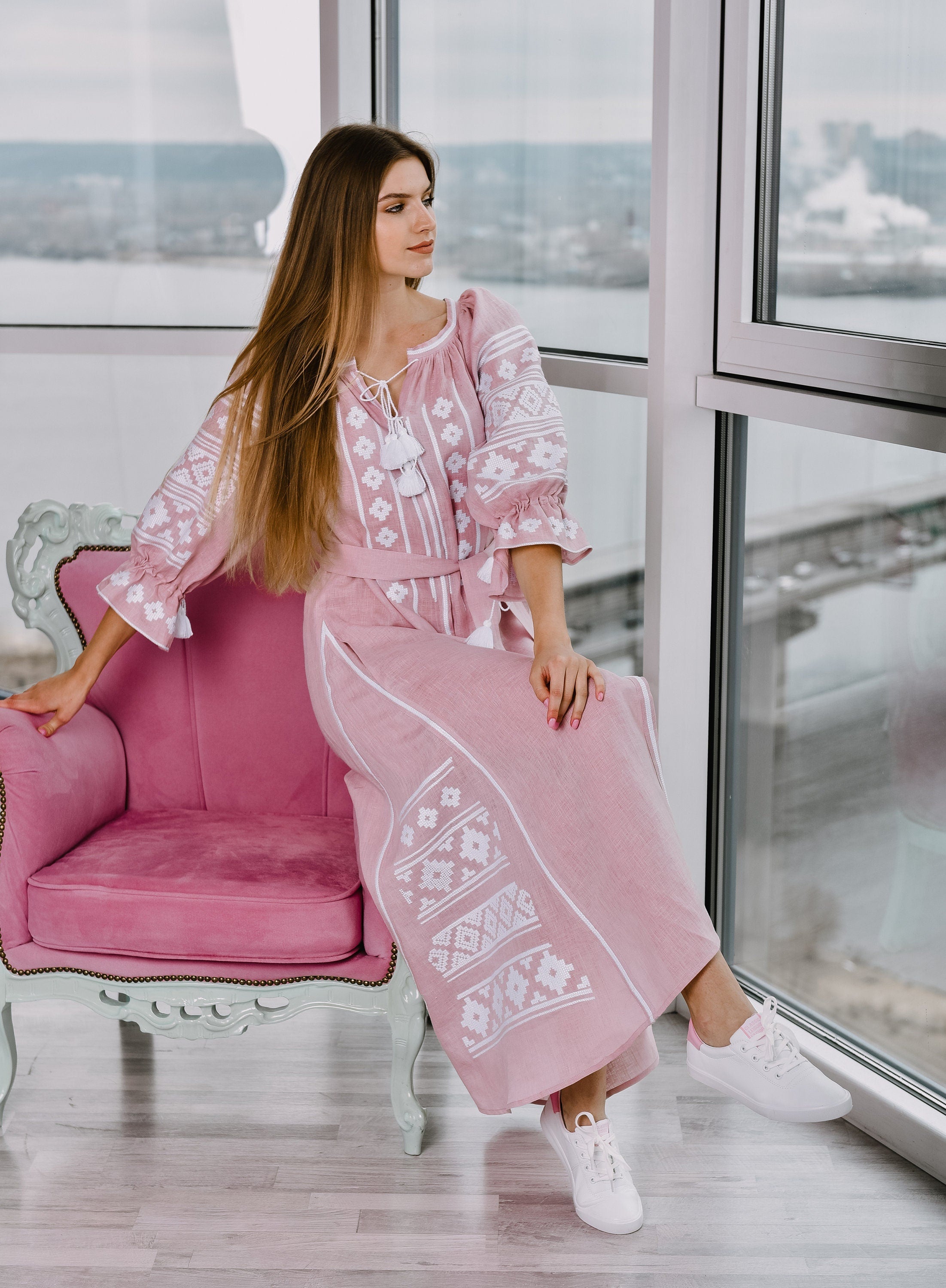 Pink Ukrainian Vyshyvanka Dress - Boho Embroidered Linen Dress