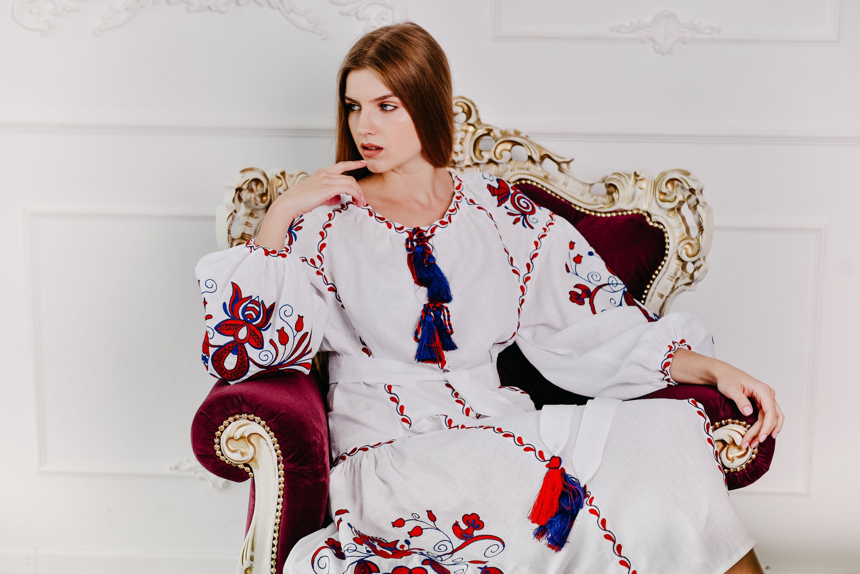 White Embroidered Linen Boho Wedding Dress - Ukrainian Vyshyvanka Folk Style