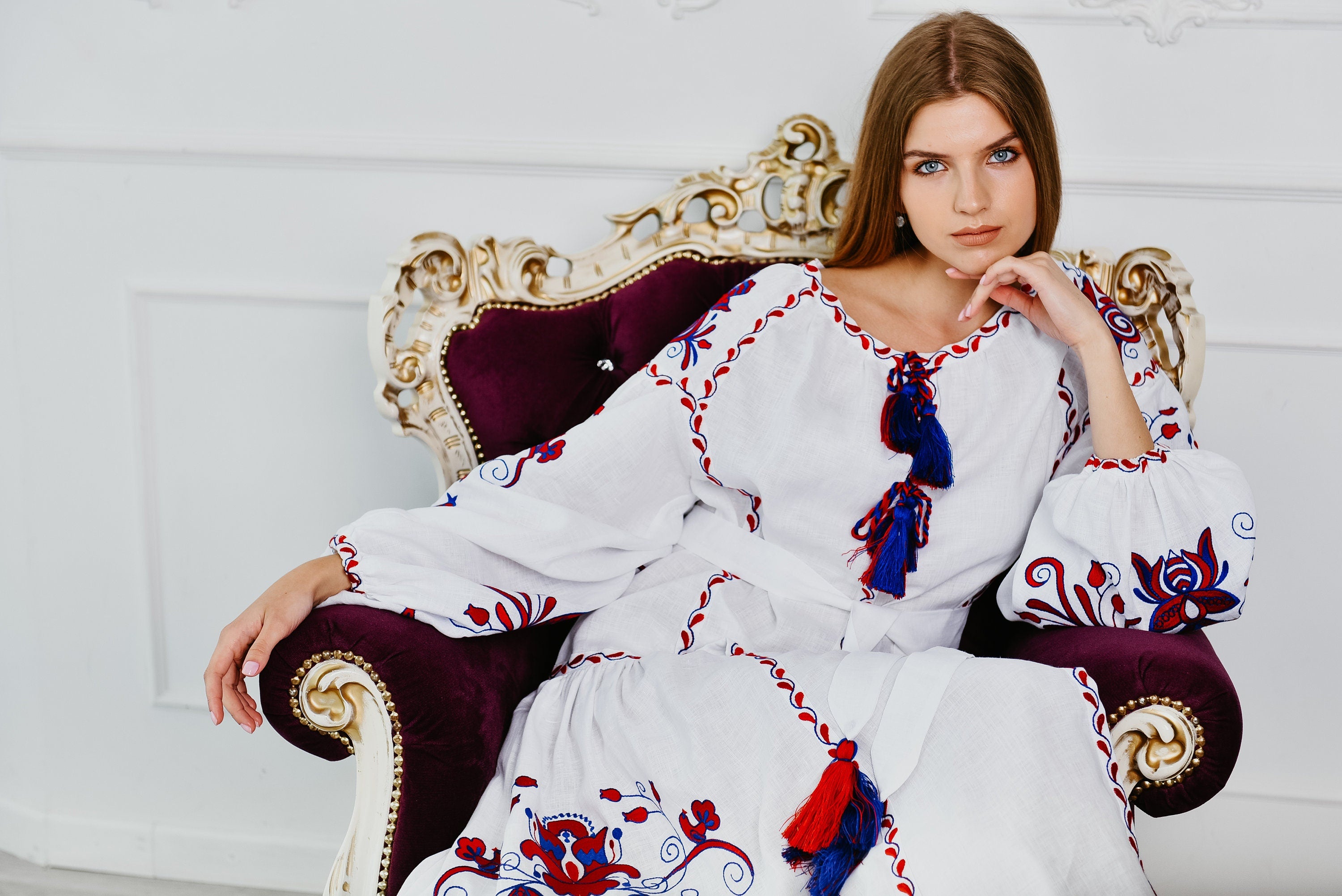 White Embroidered Linen Boho Wedding Dress - Ukrainian Vyshyvanka Folk Style