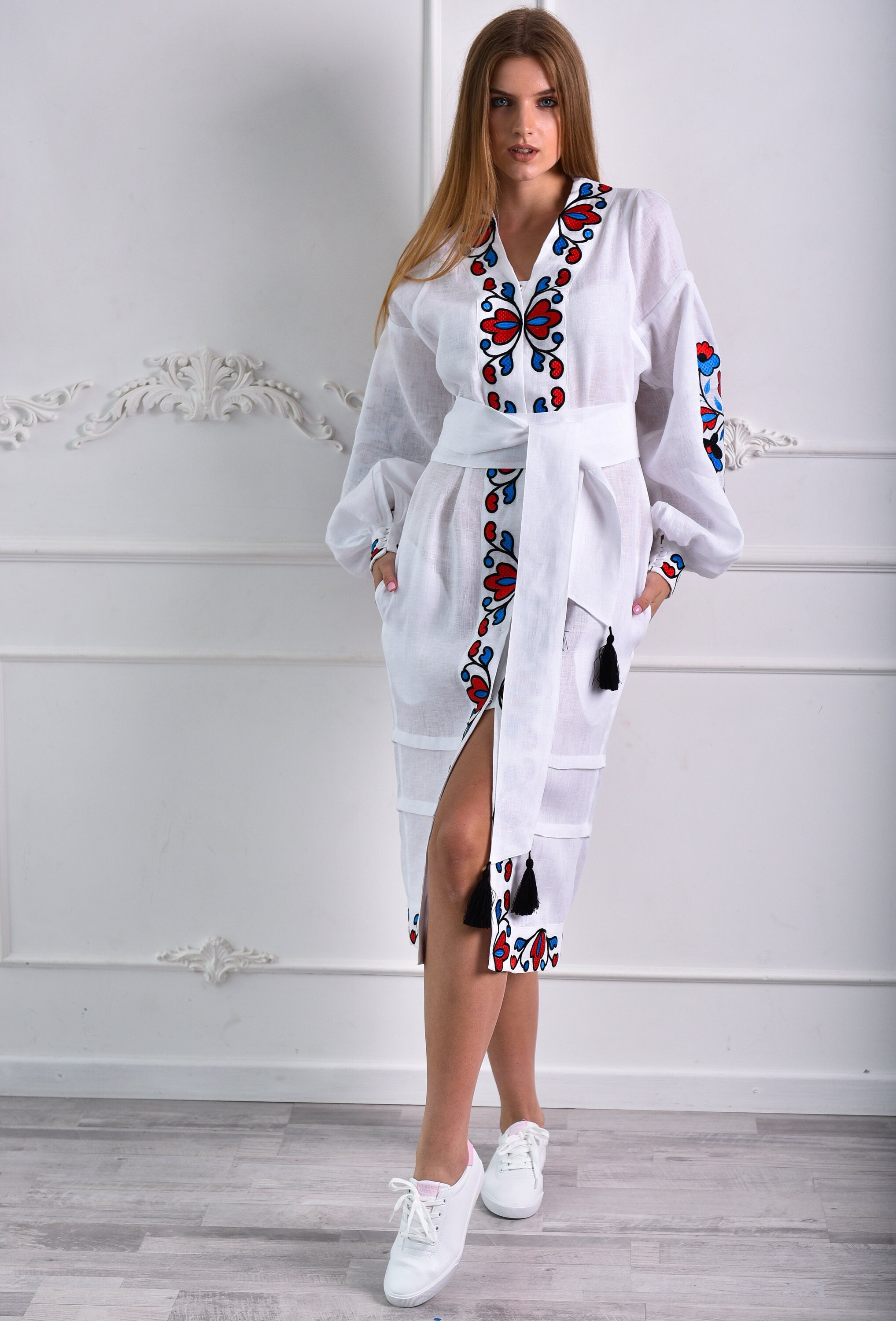 Ukrainian White Linen Embroidered Vyshyvanka Dress
