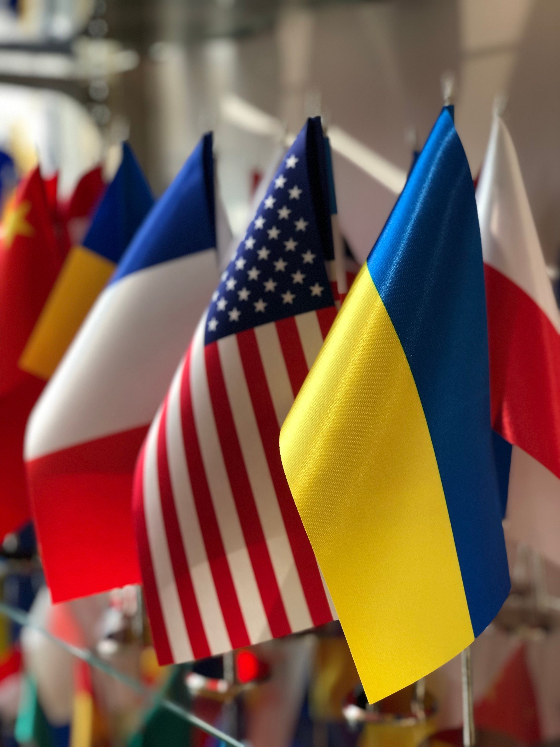 Ukraine Flag with Satin & Metal Stand – Table Display