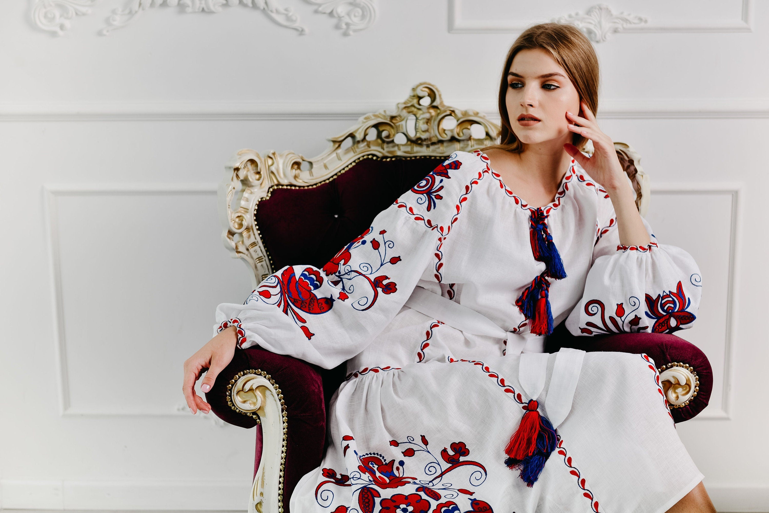 White Embroidered Linen Boho Wedding Dress - Ukrainian Vyshyvanka Folk Style