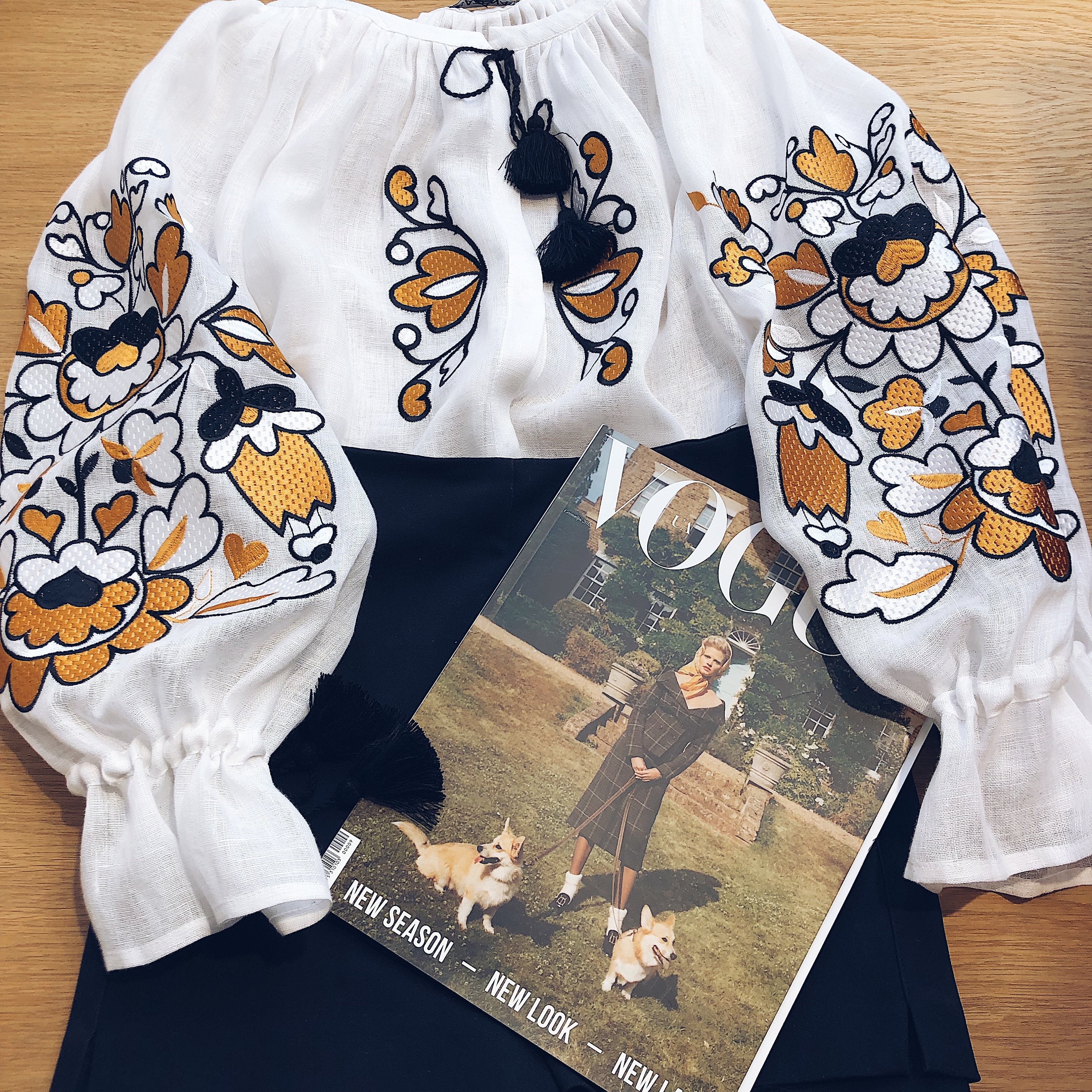 White Linen Blouse with Colorful Embroidery | Ukrainian Minimalist Long Sleeve Shirt