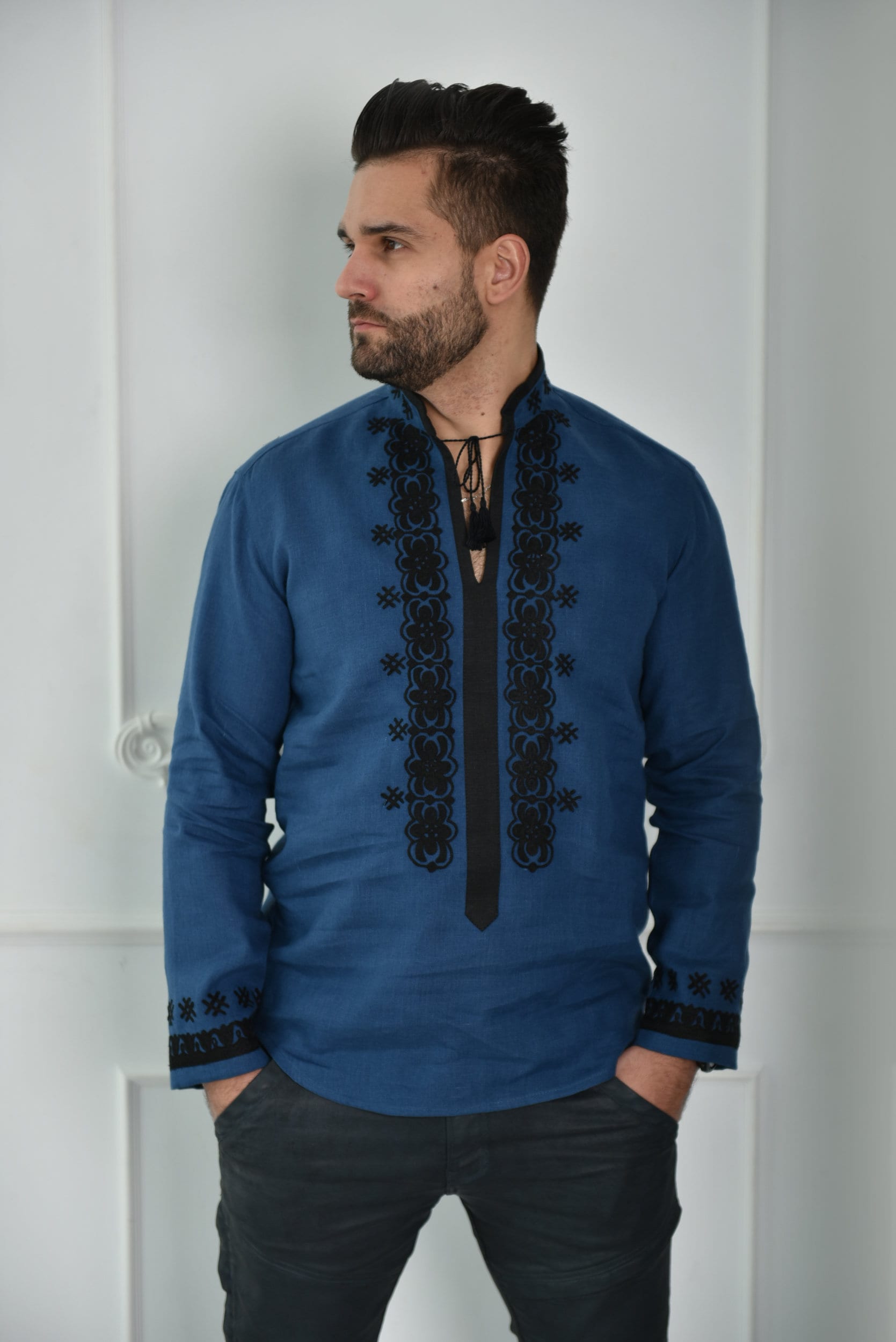 Men's Blue Ukrainian Embroidered Shirt - Traditional Style