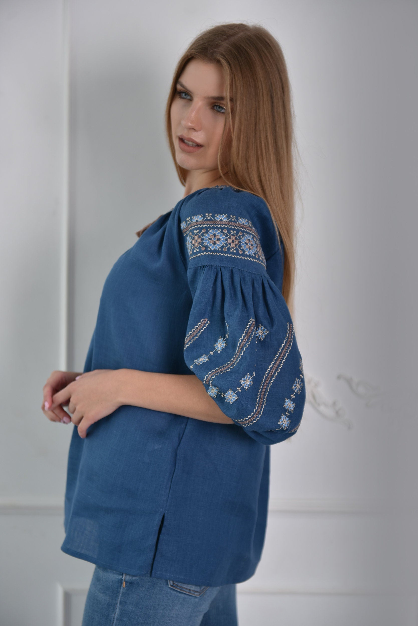 Blue Ukrainian Vyshyvanka Blouse - Embroidered Bohemian Ethnic Shirt, Boho Chic Peasant Top
