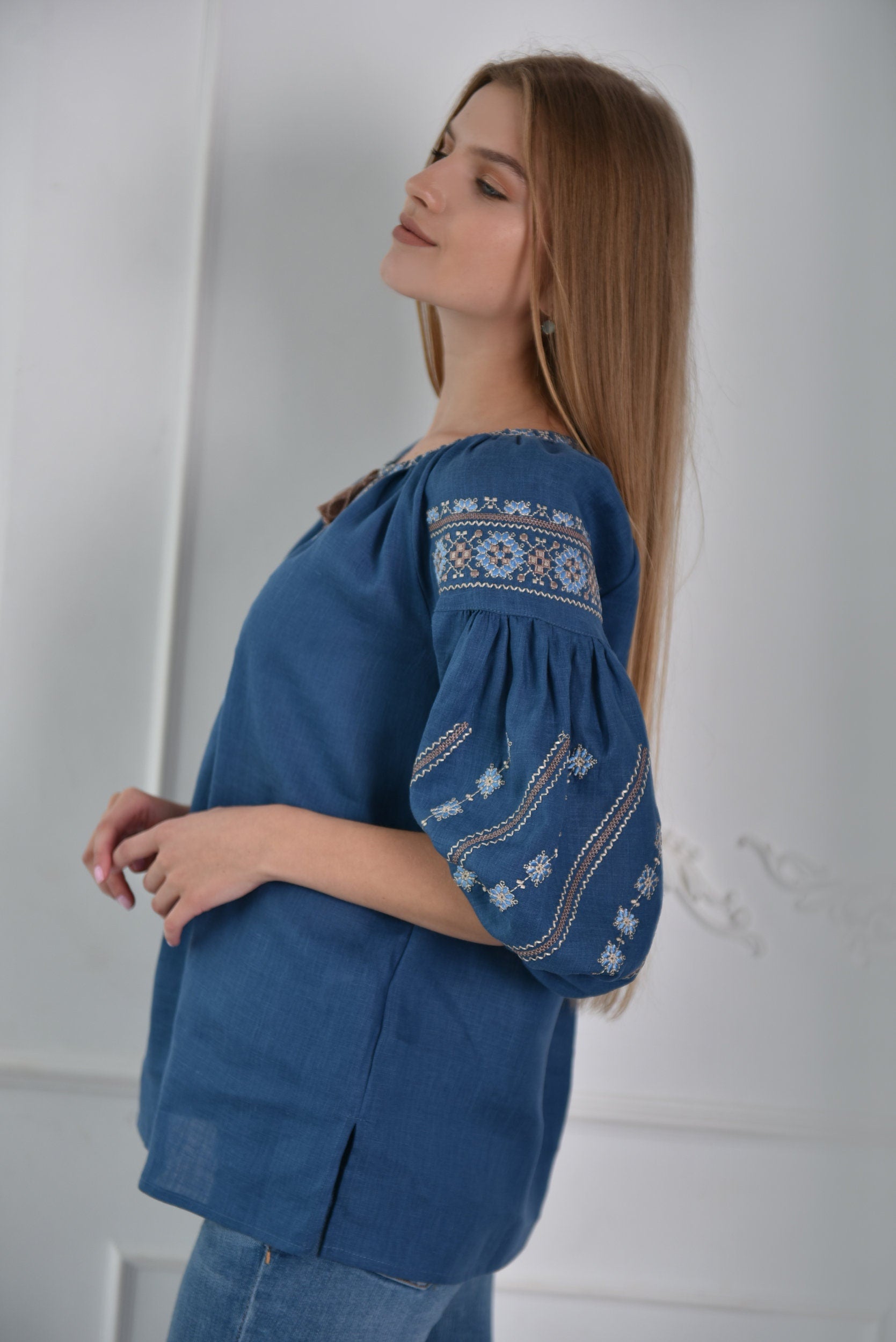 Blue Ukrainian Vyshyvanka Blouse - Embroidered Bohemian Ethnic Shirt, Boho Chic Peasant Top