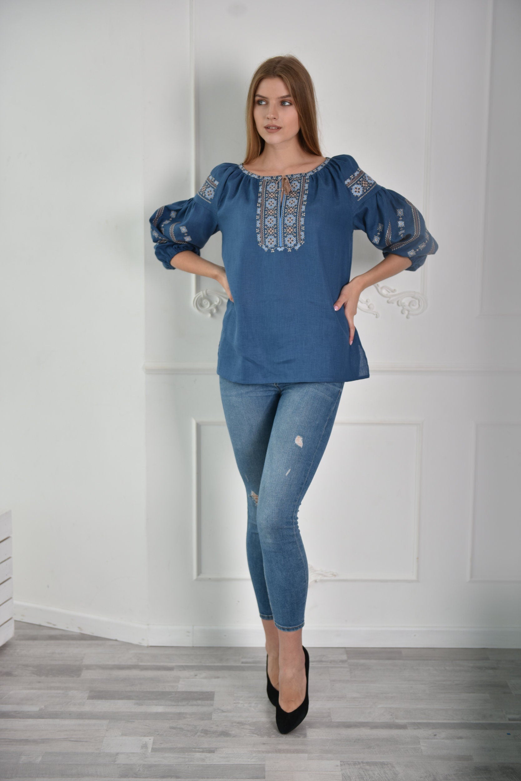 Blue Ukrainian Vyshyvanka Blouse - Embroidered Bohemian Ethnic Shirt, Boho Chic Peasant Top
