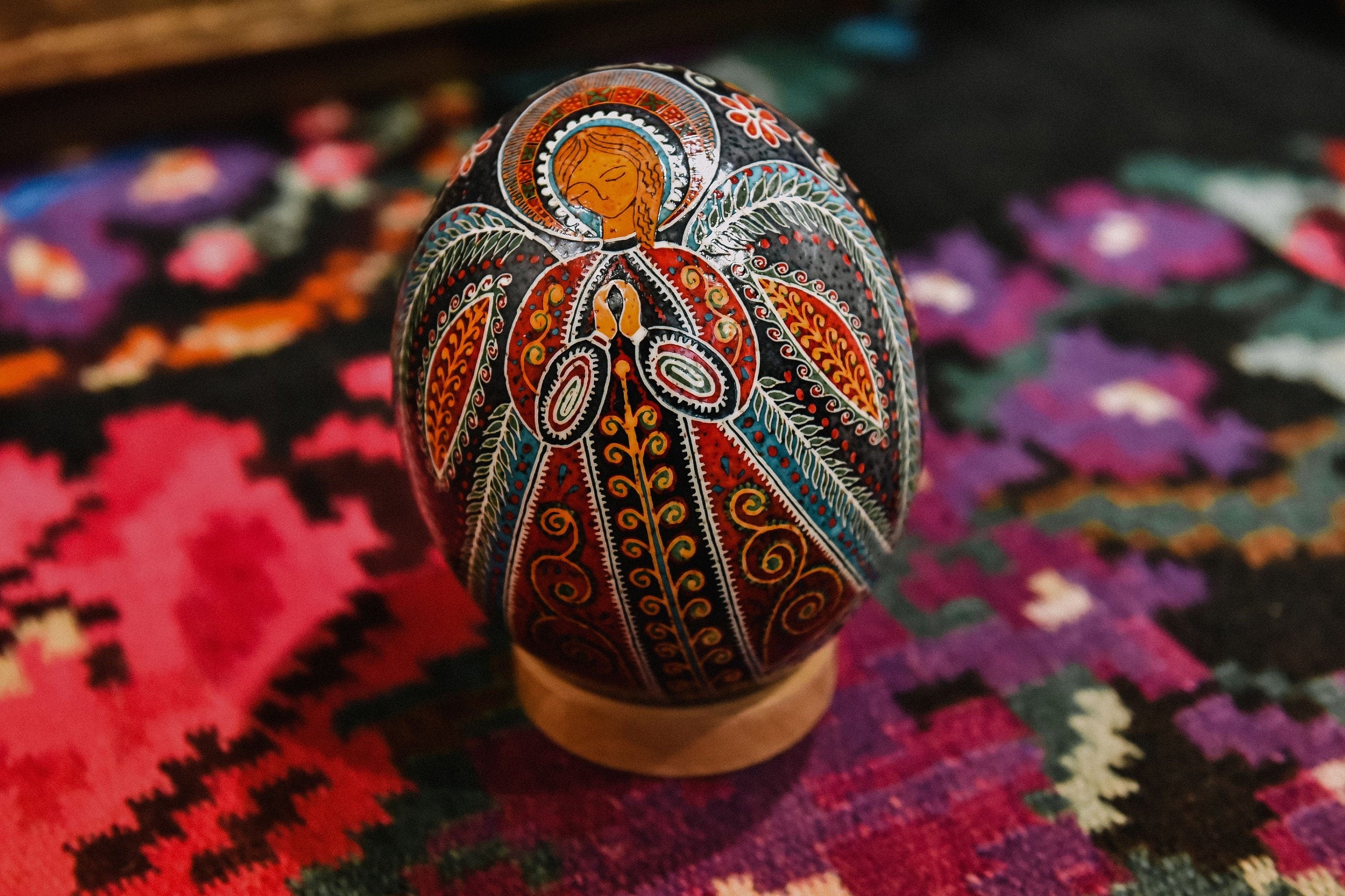 Ukrainian Hand-Painted Ostrich Egg Pysanka for Easter