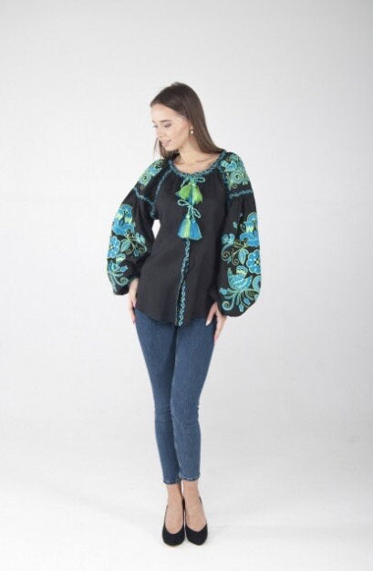 Black Ukrainian Vyshyvanka Blouse – Embroidered Bohemian Ethnic Shirt for Women