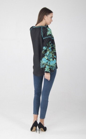 Black Ukrainian Vyshyvanka Blouse – Embroidered Bohemian Ethnic Shirt for Women