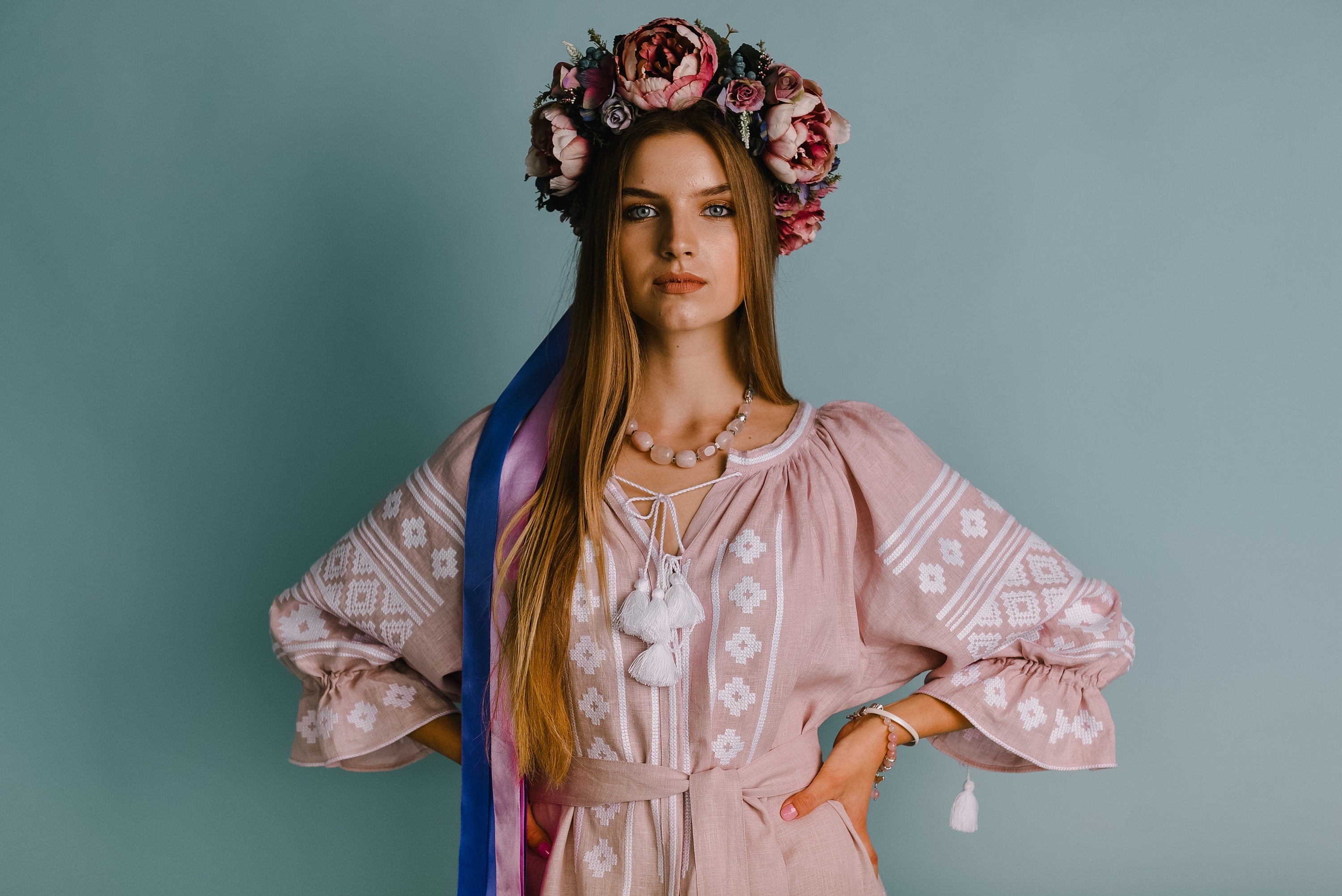 Pink Ukrainian Vyshyvanka Dress - Boho Embroidered Linen Dress