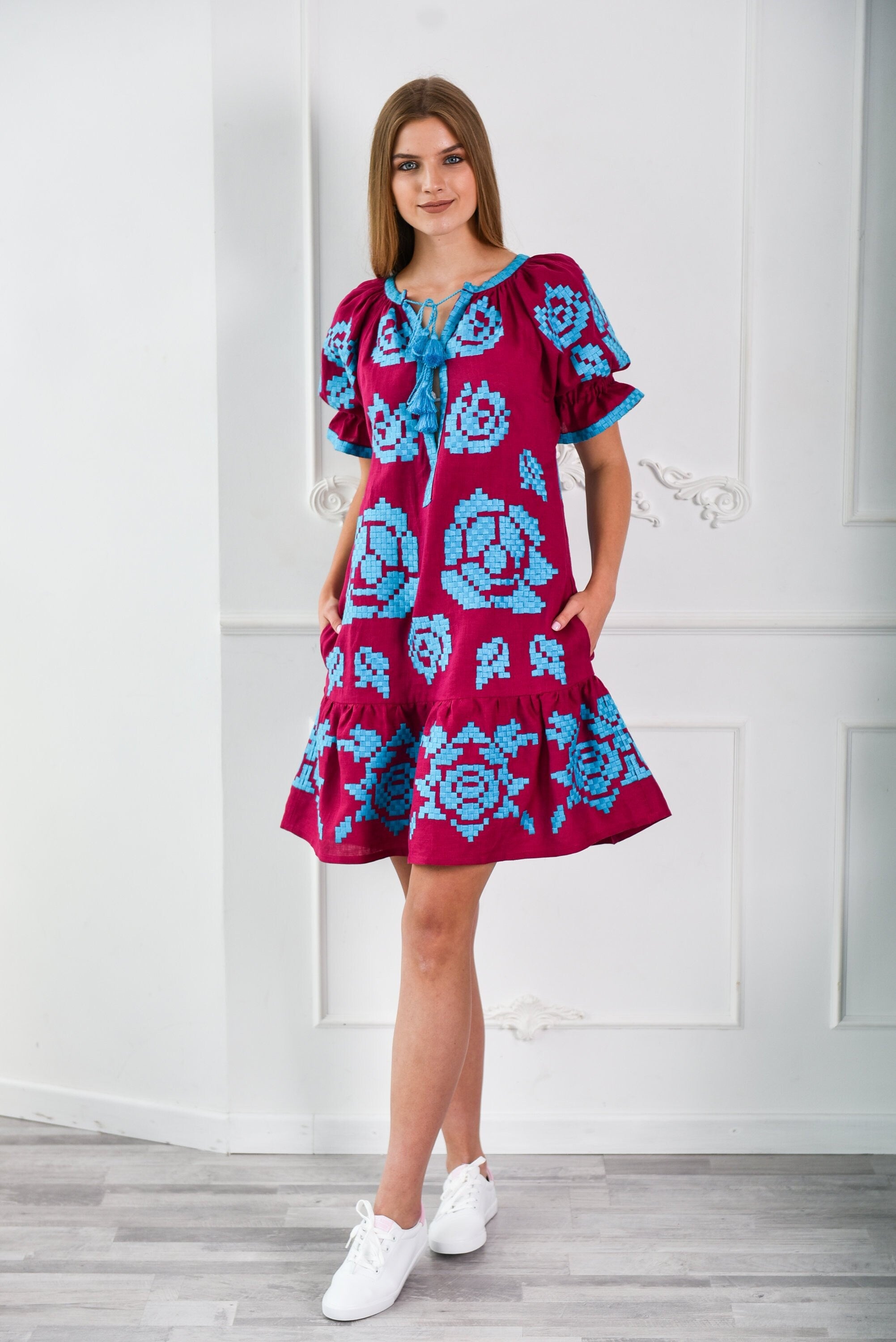 Ukrainian Linen Embroidered Vyshyvanka Dress - Boho Folk Style