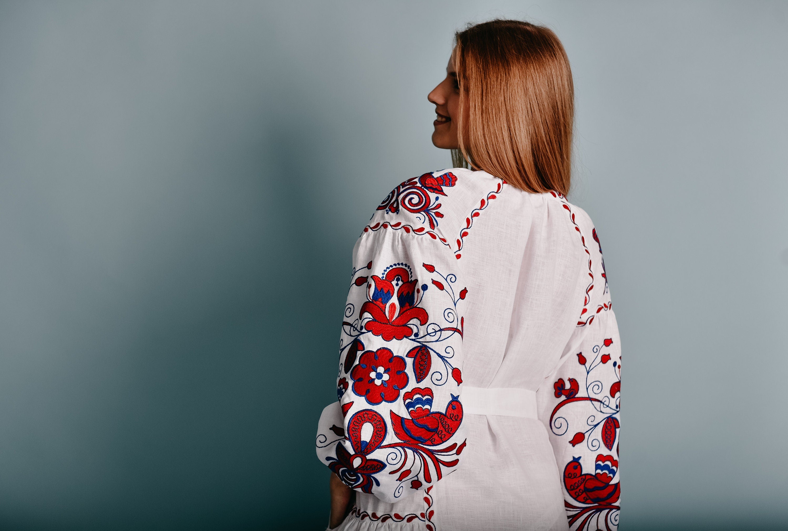 White Embroidered Linen Boho Wedding Dress - Ukrainian Vyshyvanka Folk Style