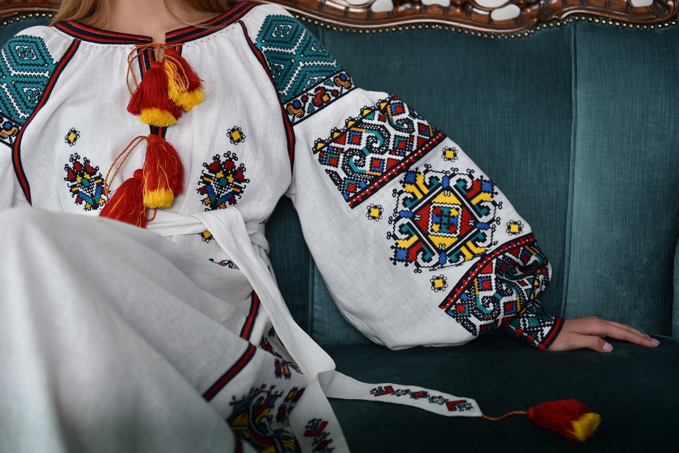 White Ukrainian Vyshyvanka Linen Dress - Boho Style