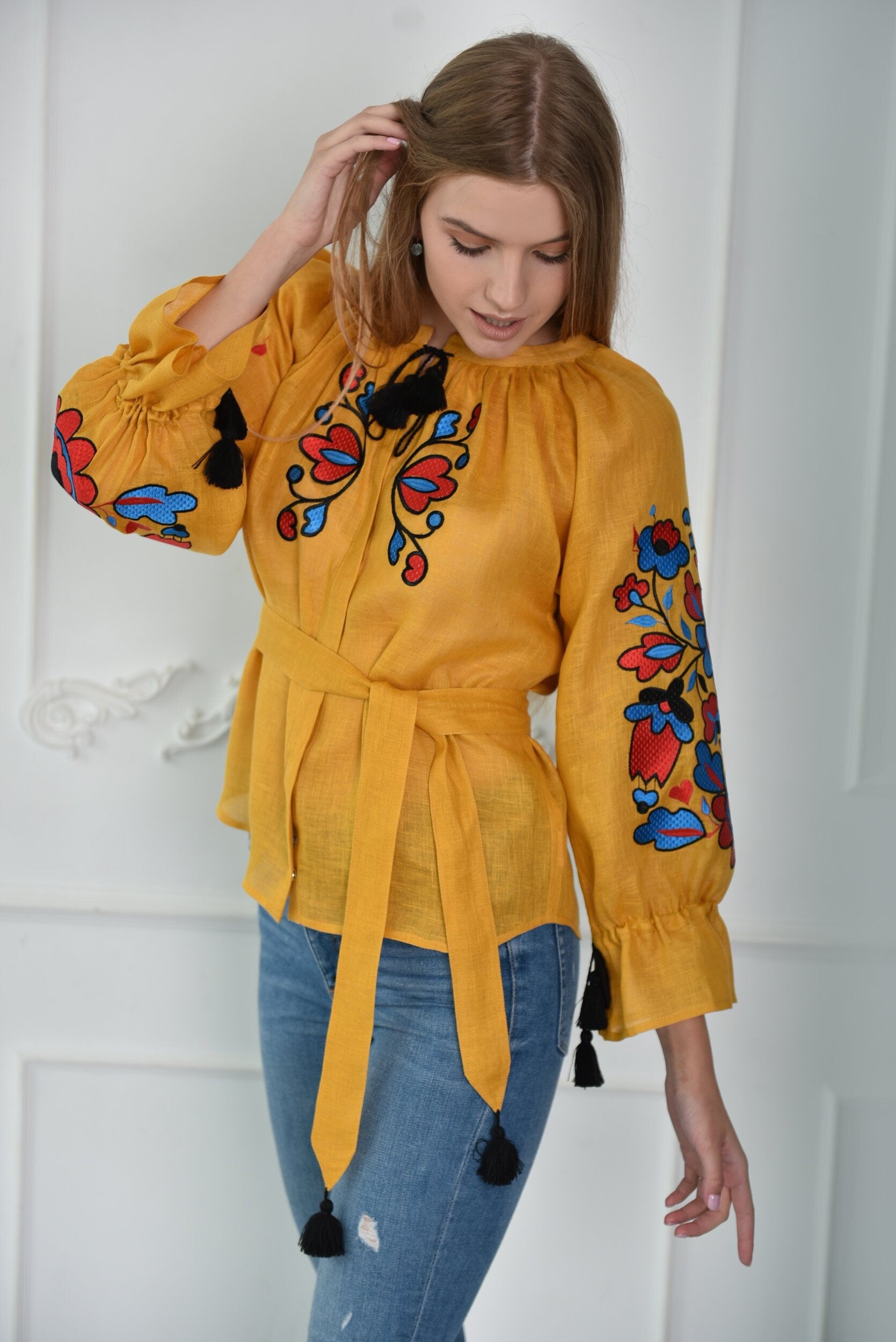 Ukrainian Vyshyvanka Blouse - Bohemian Embroidered Peasant Shirt