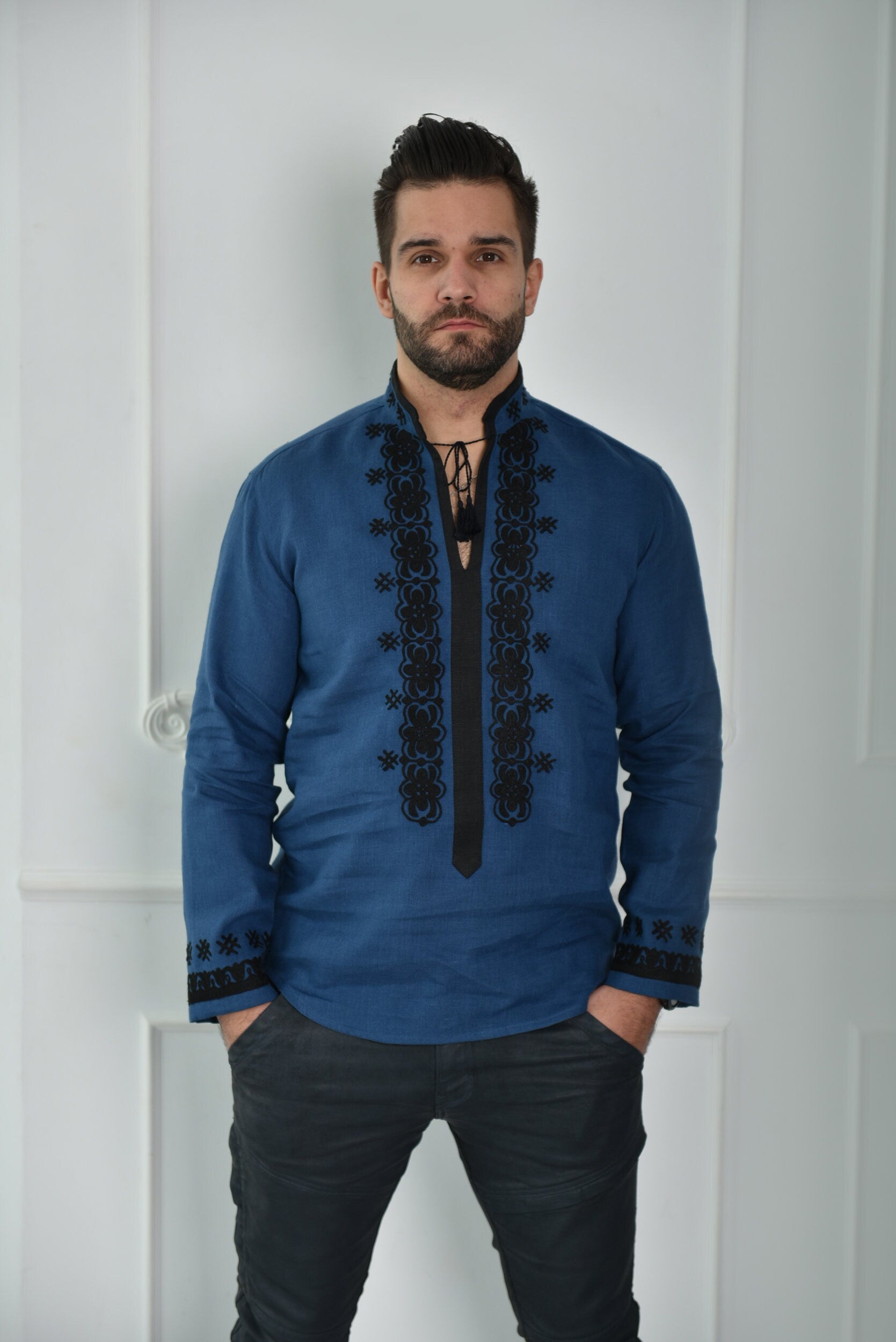 Men's Blue Ukrainian Embroidered Shirt - Traditional Style