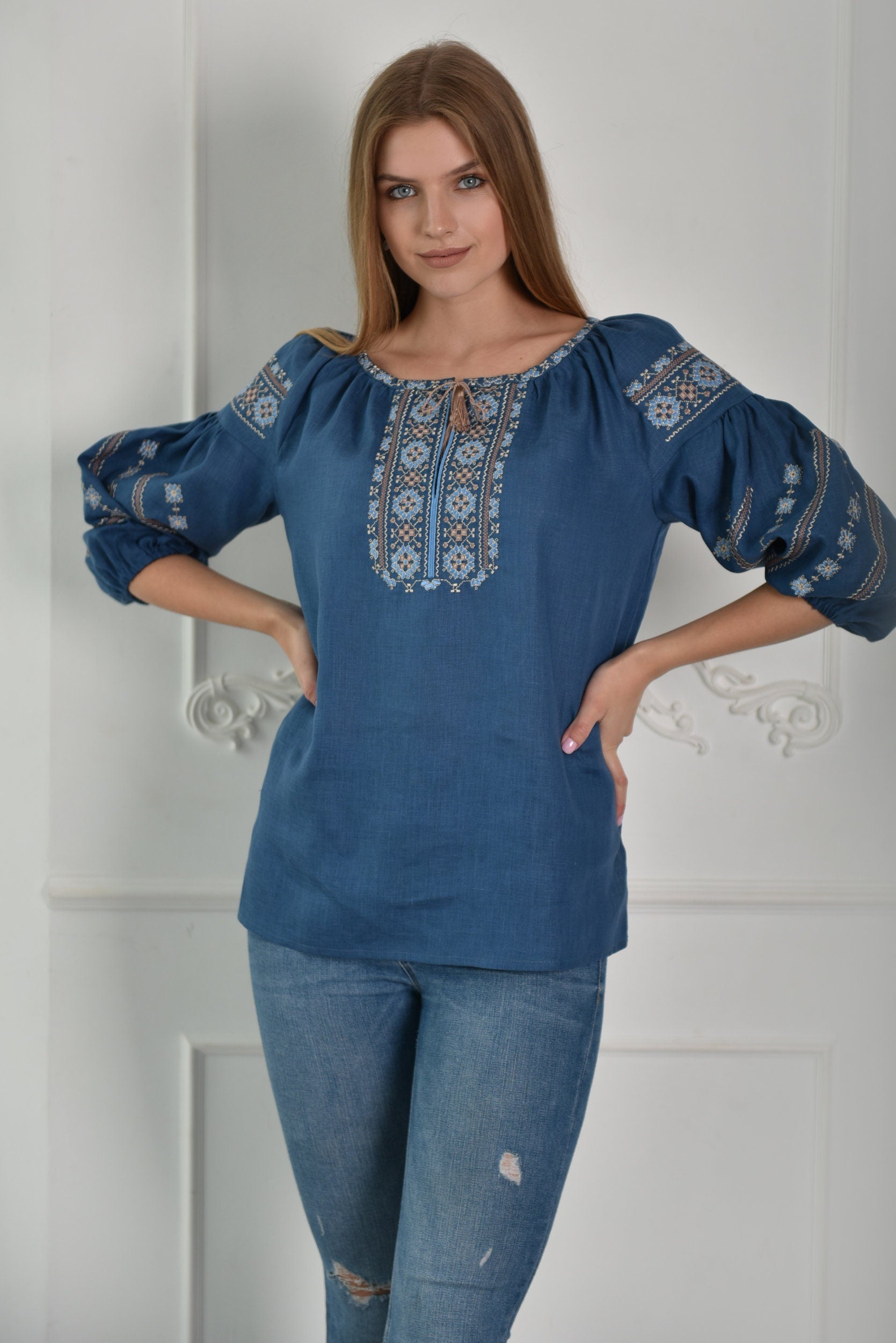 Blue Ukrainian Vyshyvanka Blouse - Embroidered Bohemian Ethnic Shirt, Boho Chic Peasant Top