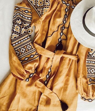 Embroidered Yellow Linen Dress - Ukrainian Vyshyvanka for Women