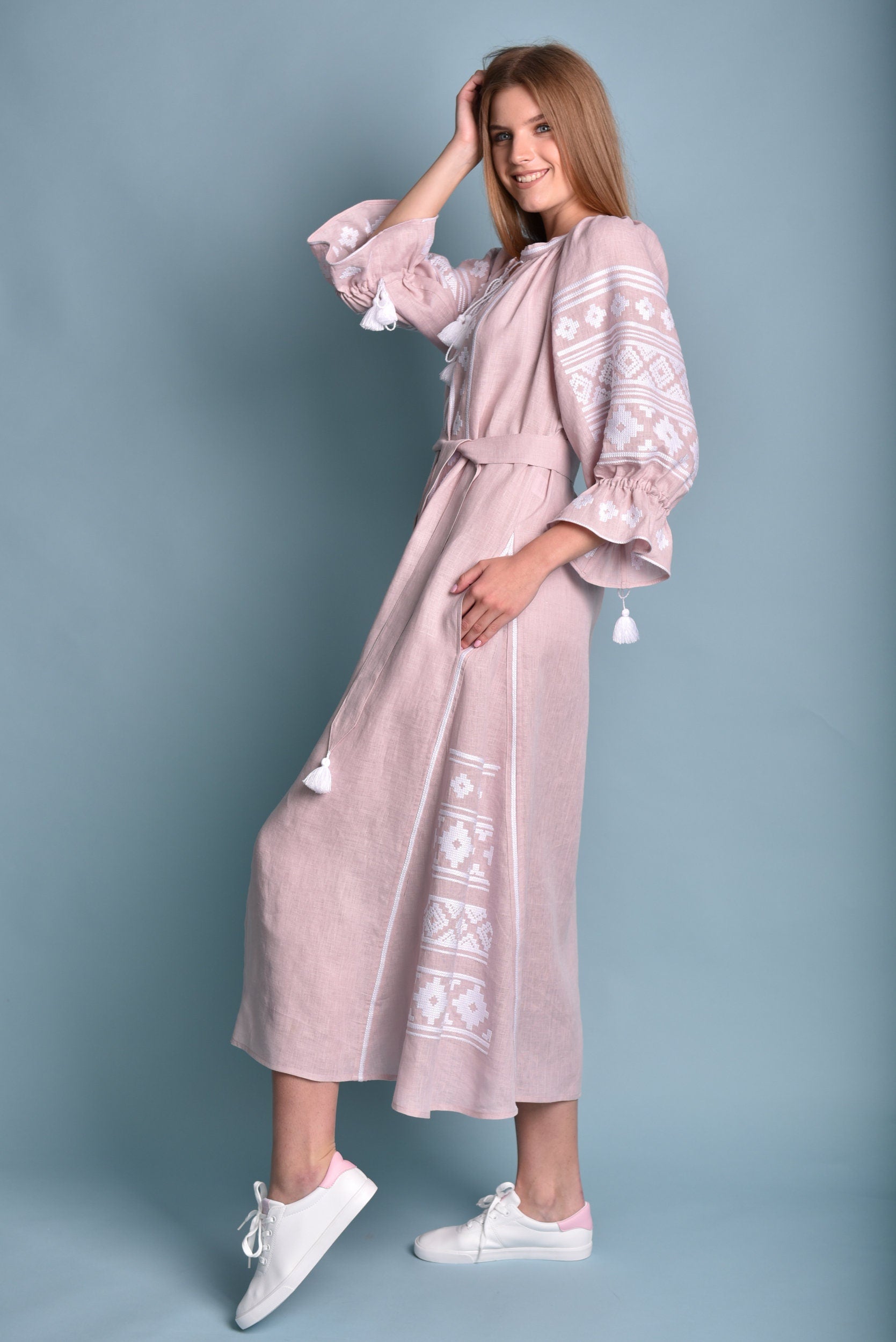 Pink Linen Vyshyvanka Dress - Embroidered Women's Linen Dress
