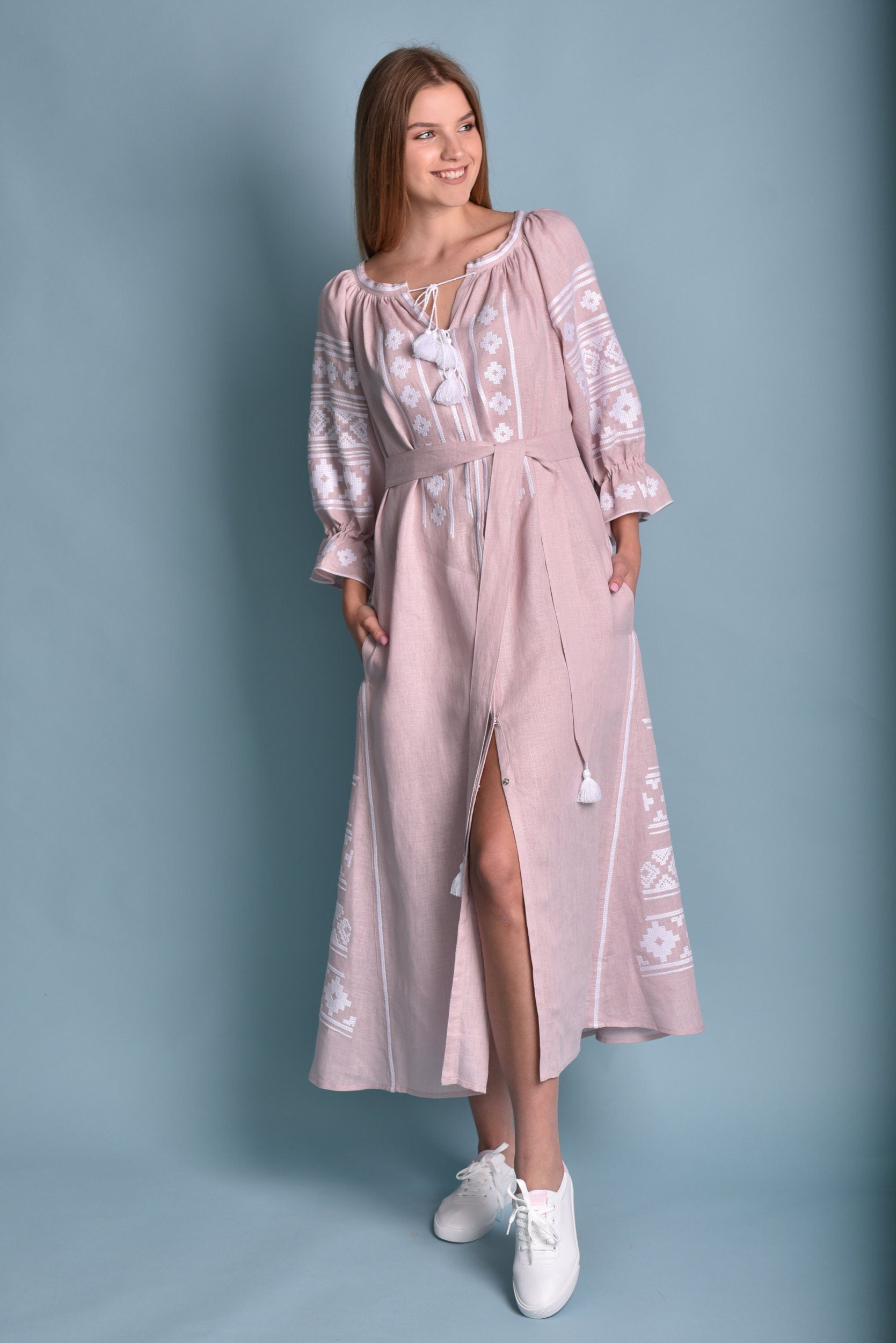 Pink Linen Vyshyvanka Dress - Embroidered Women's Linen Dress