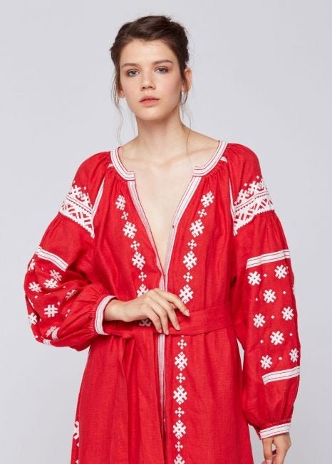Red Ukrainian Vyshyvanka Boho Dress for Women