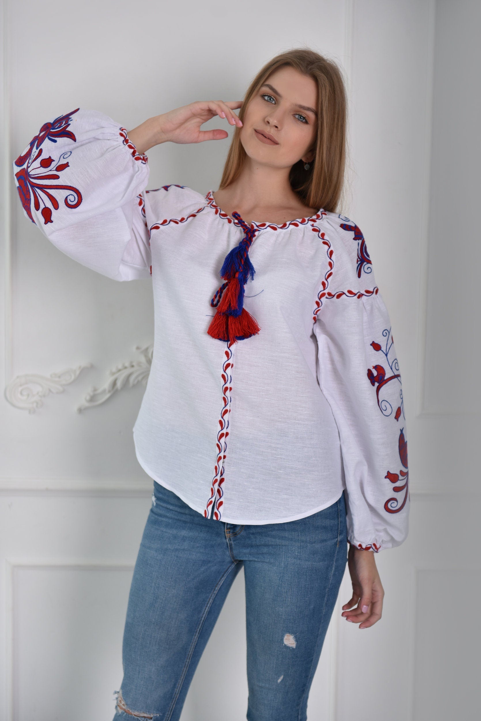 White Ukrainian Vyshyvanka Blouse - Embroidered Bohemian Ethnic Top
