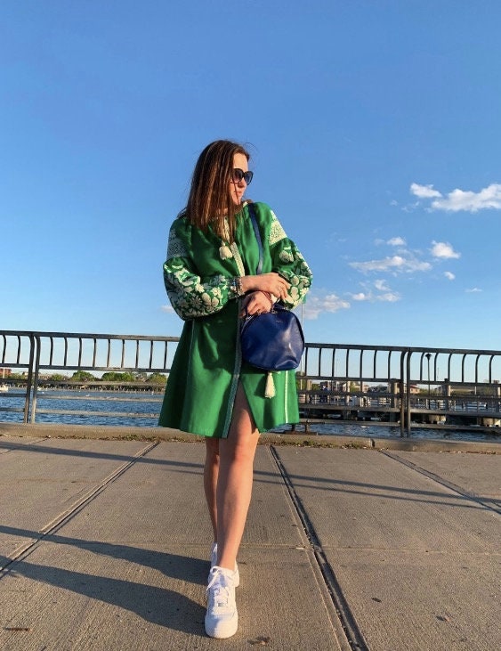 Ukrainian Vyshyvanka Linen Boho Dress - Green Folk Style for Women