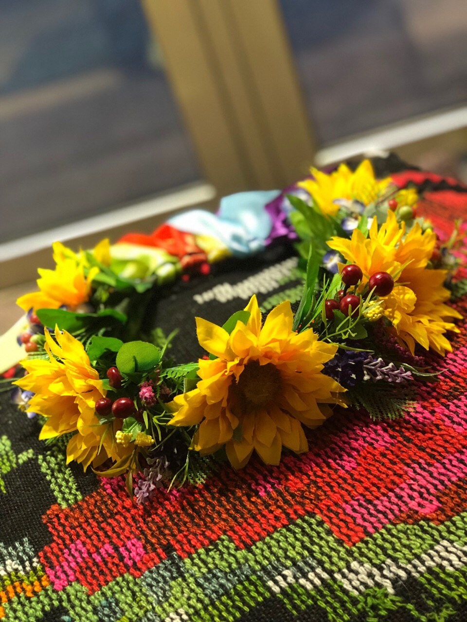 Colorful Sunflower Crown with Ribbons - Romantic Floral Halo for Weddings and Special Occasions