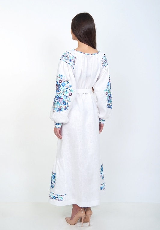 White Ukrainian Vyshyvanka Embroidered Dress for Women