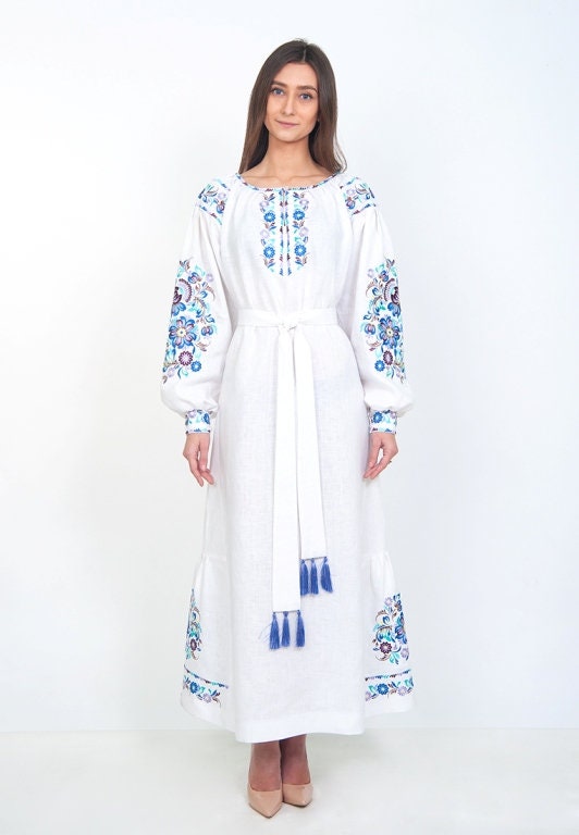 White Ukrainian Vyshyvanka Embroidered Dress for Women