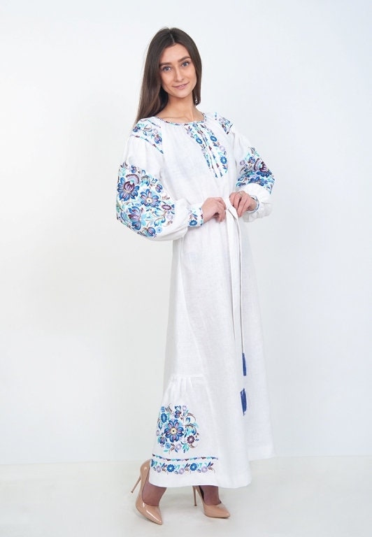 White Ukrainian Vyshyvanka Embroidered Dress for Women