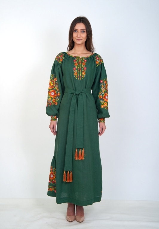 Green Embroidered Linen Vyshyvanka Dress for Women