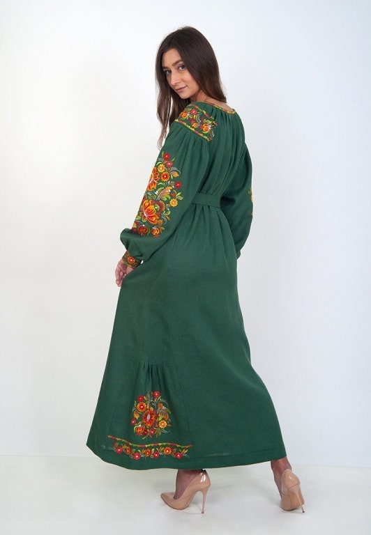 Green Embroidered Linen Vyshyvanka Dress for Women