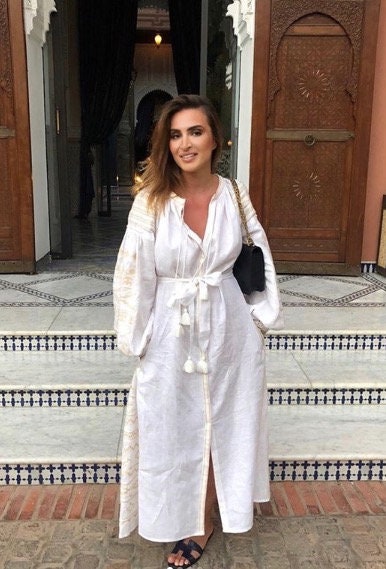 Ukrainian Vyshyvanka Embroidered Linen Dress for Women - White Easter Dress