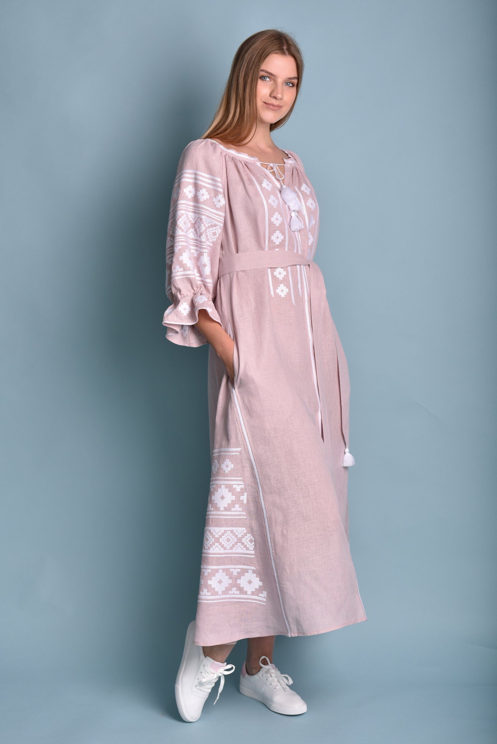 Pink Linen Vyshyvanka Dress - Embroidered Women's Linen Dress