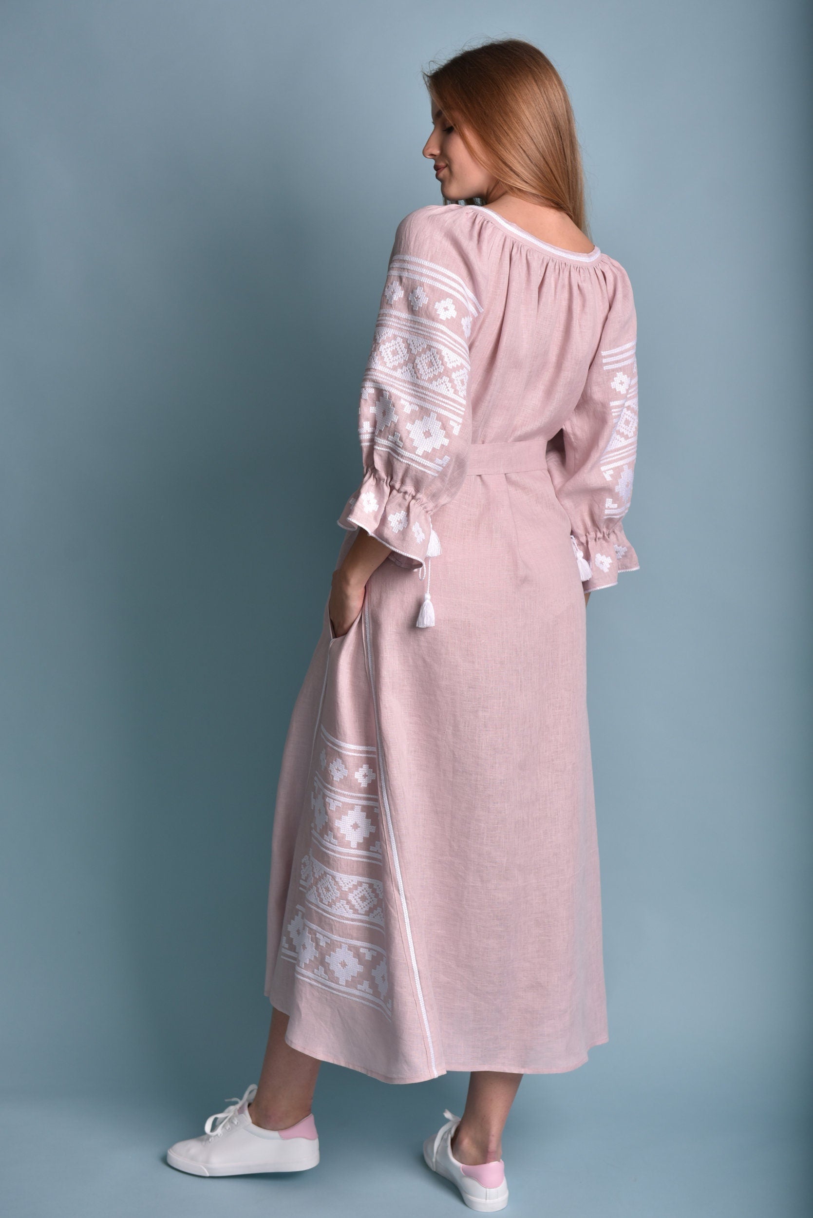 Pink Linen Vyshyvanka Dress - Embroidered Women's Linen Dress