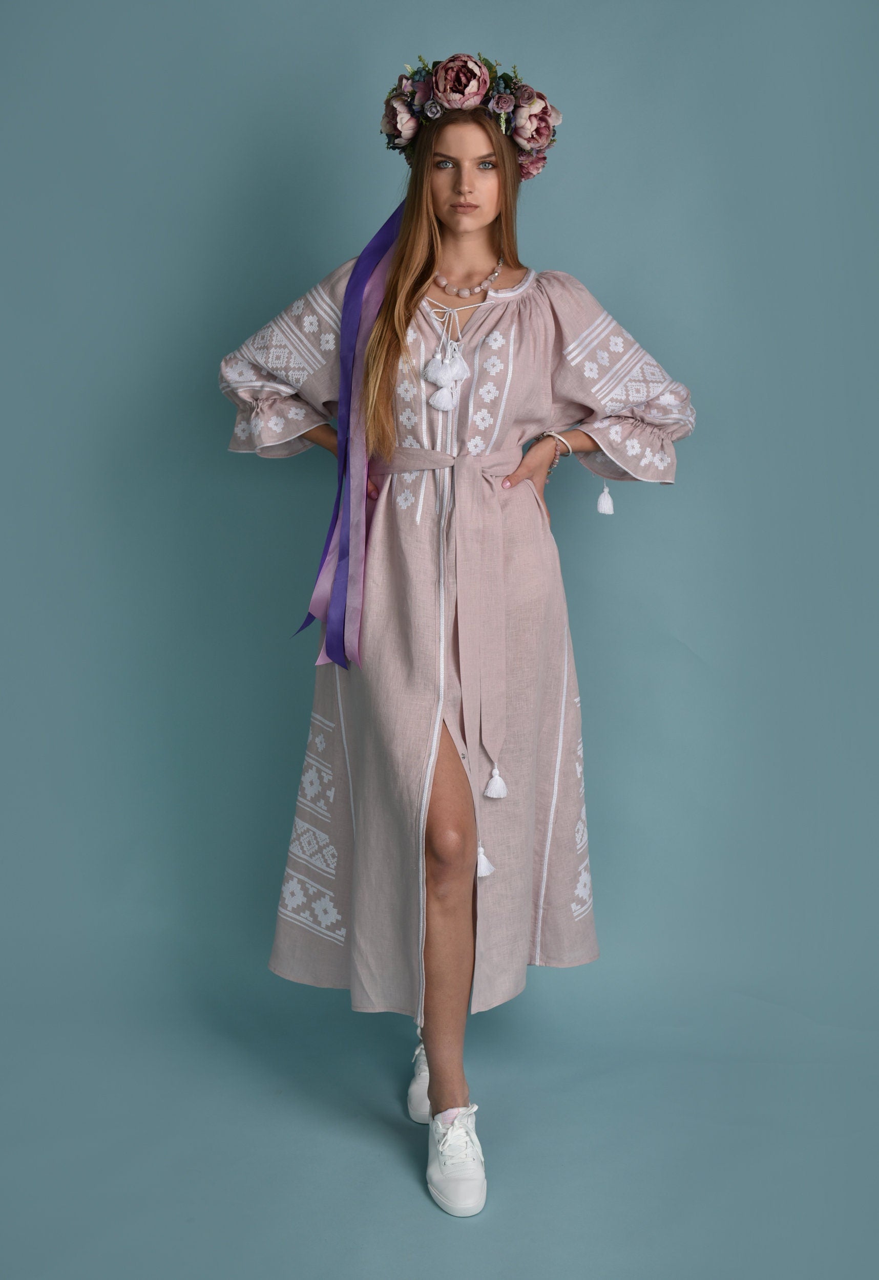 Pink Linen Vyshyvanka Dress - Embroidered Women's Linen Dress
