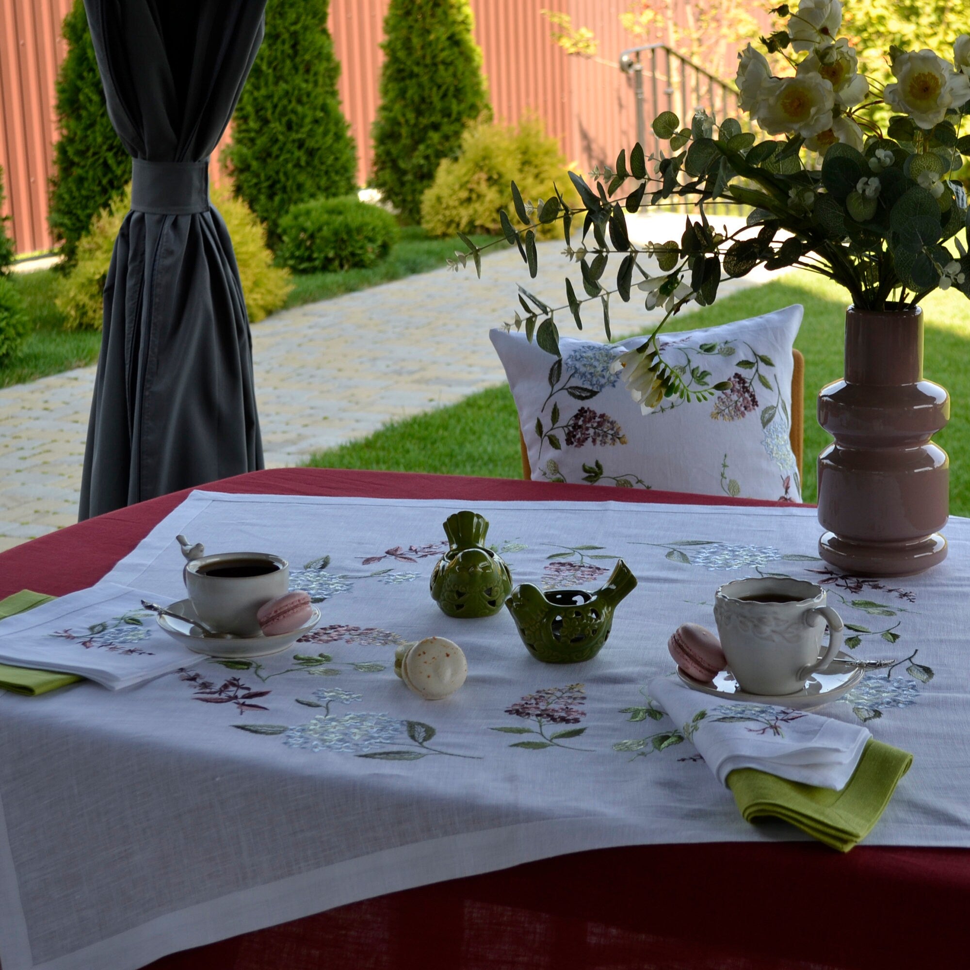 Embroidered Ukrainian Hydrangea Tablecloth, 90x90 cm Linen