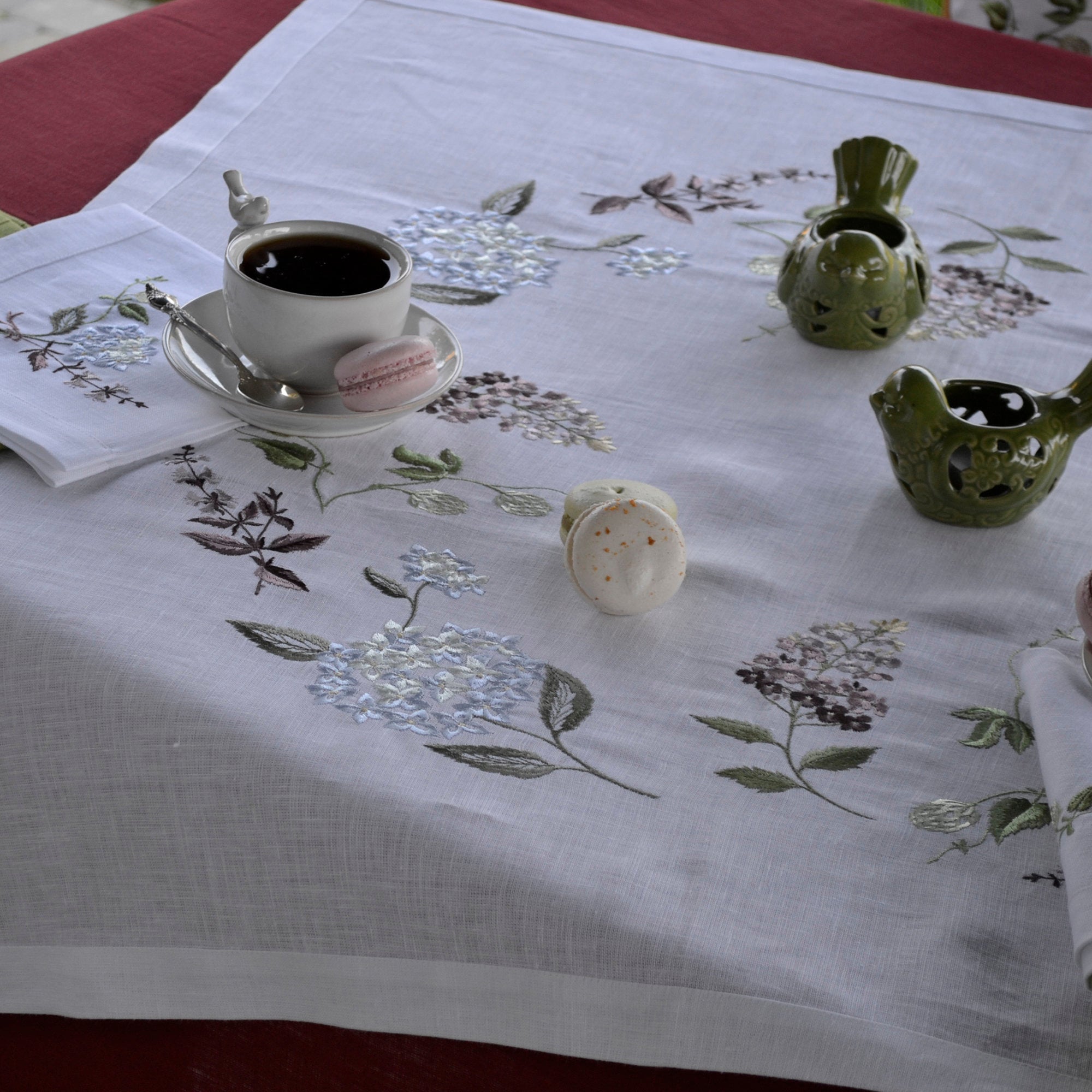 Embroidered Ukrainian Hydrangea Tablecloth, 90x90 cm Linen