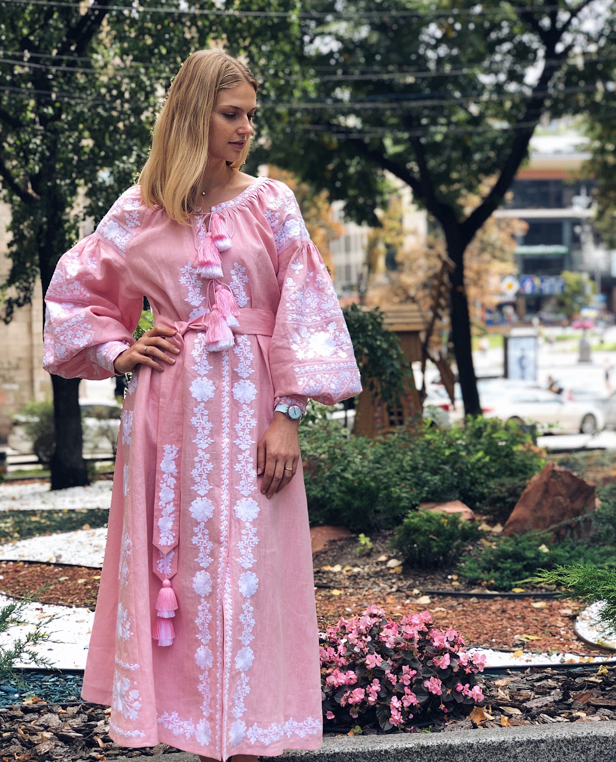 Pink Embroidered Ukrainian Vyshyvanka Wedding Dress - Boho Folk Style
