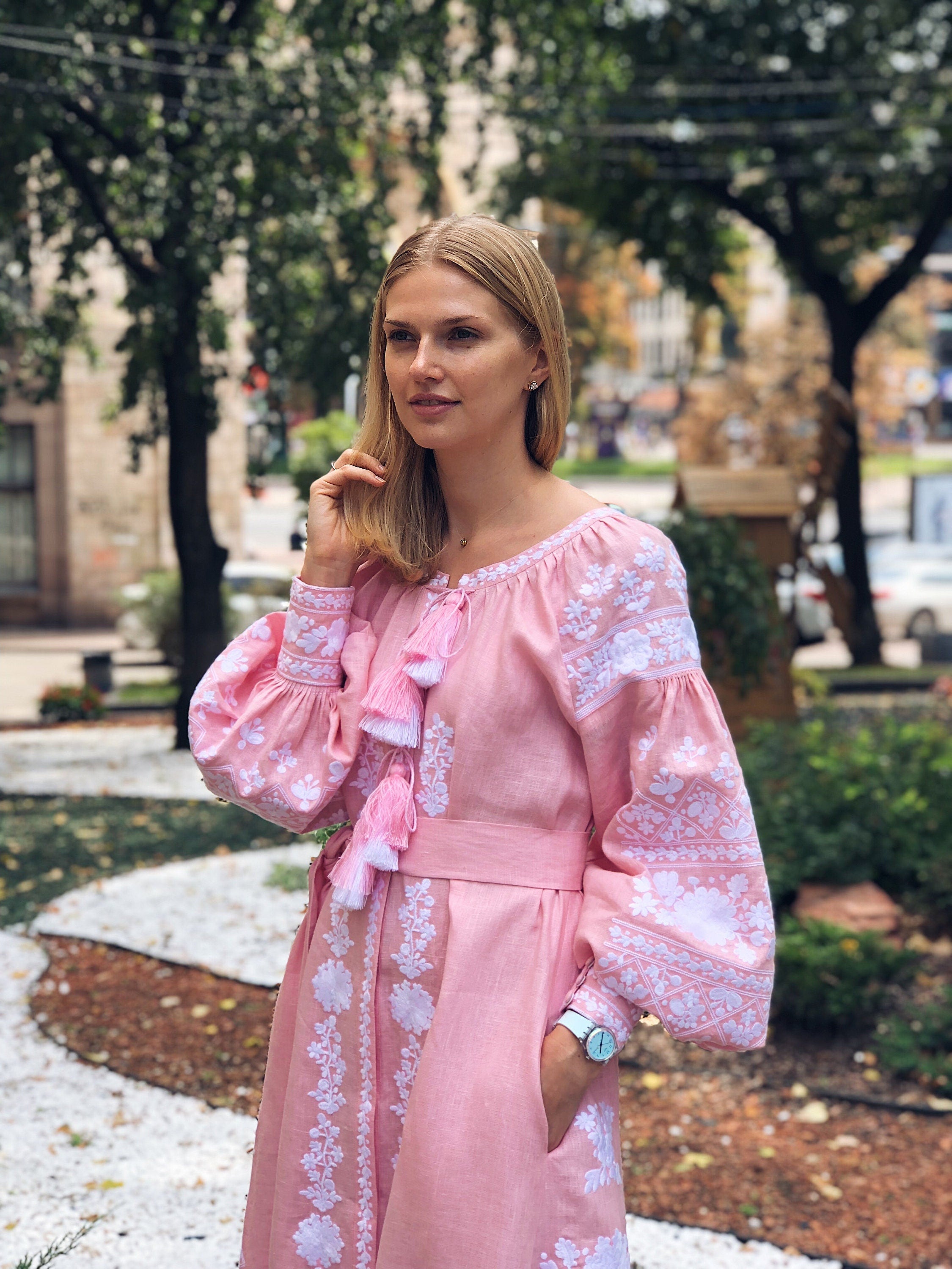 Pink Embroidered Ukrainian Vyshyvanka Wedding Dress - Boho Folk Style