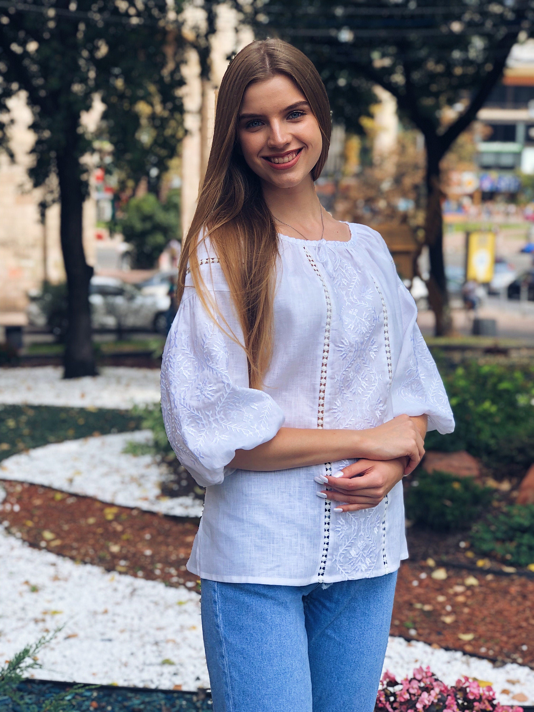 Ukrainian Vyshyvanka Blouse - White Embroidered Bohemian Ethnic Shirt