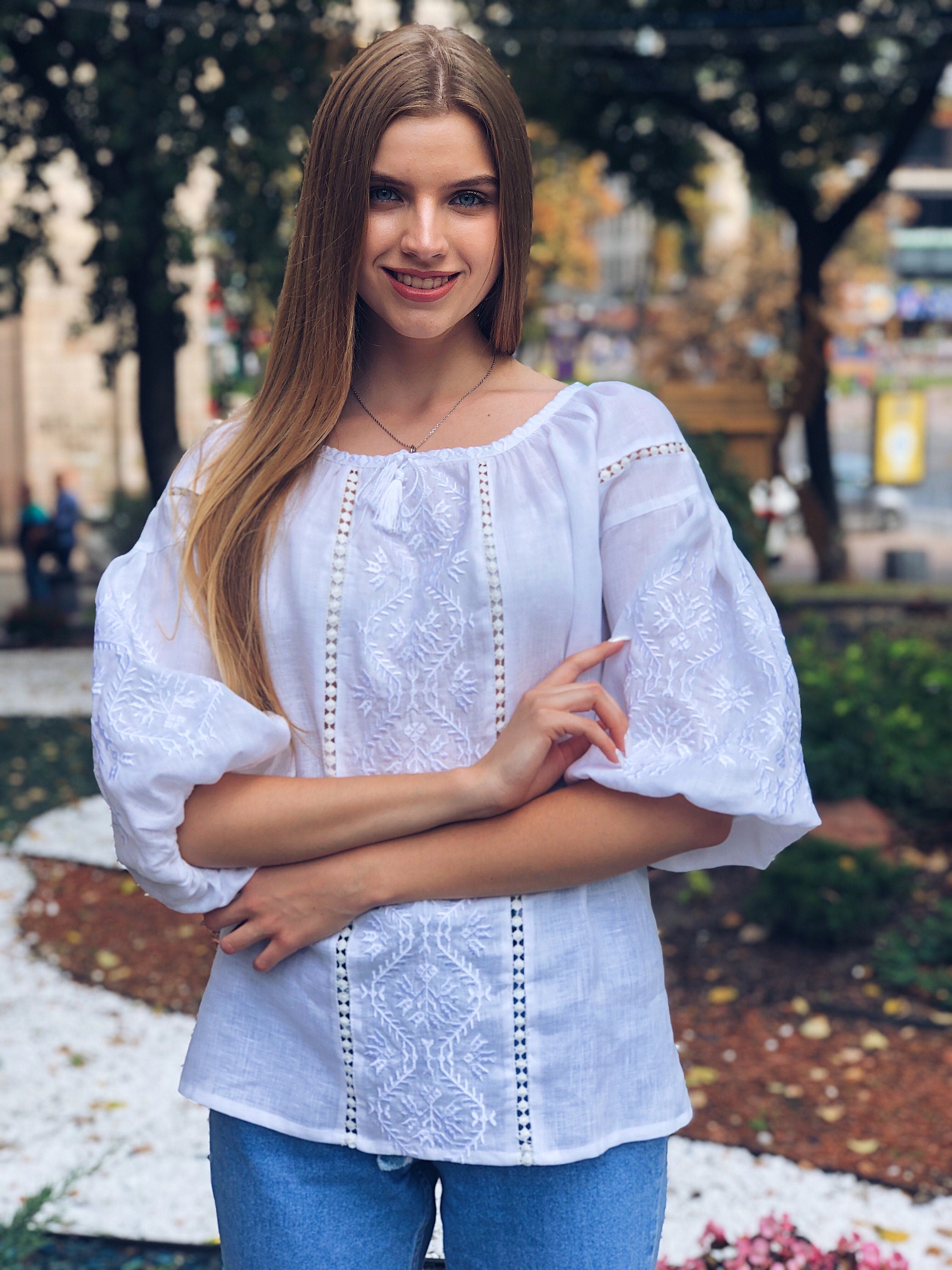 Ukrainian Vyshyvanka Blouse - White Embroidered Bohemian Ethnic Shirt