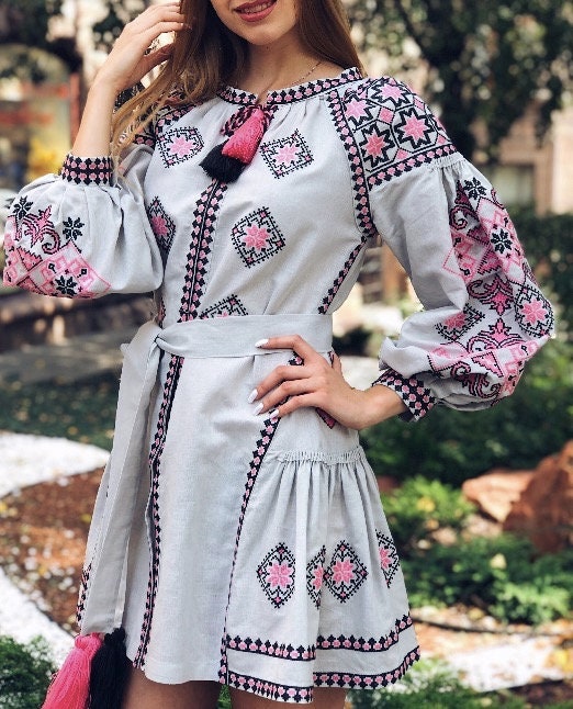 Gray Linen Ukrainian Vyshyvanka Embroidered Dress for Women