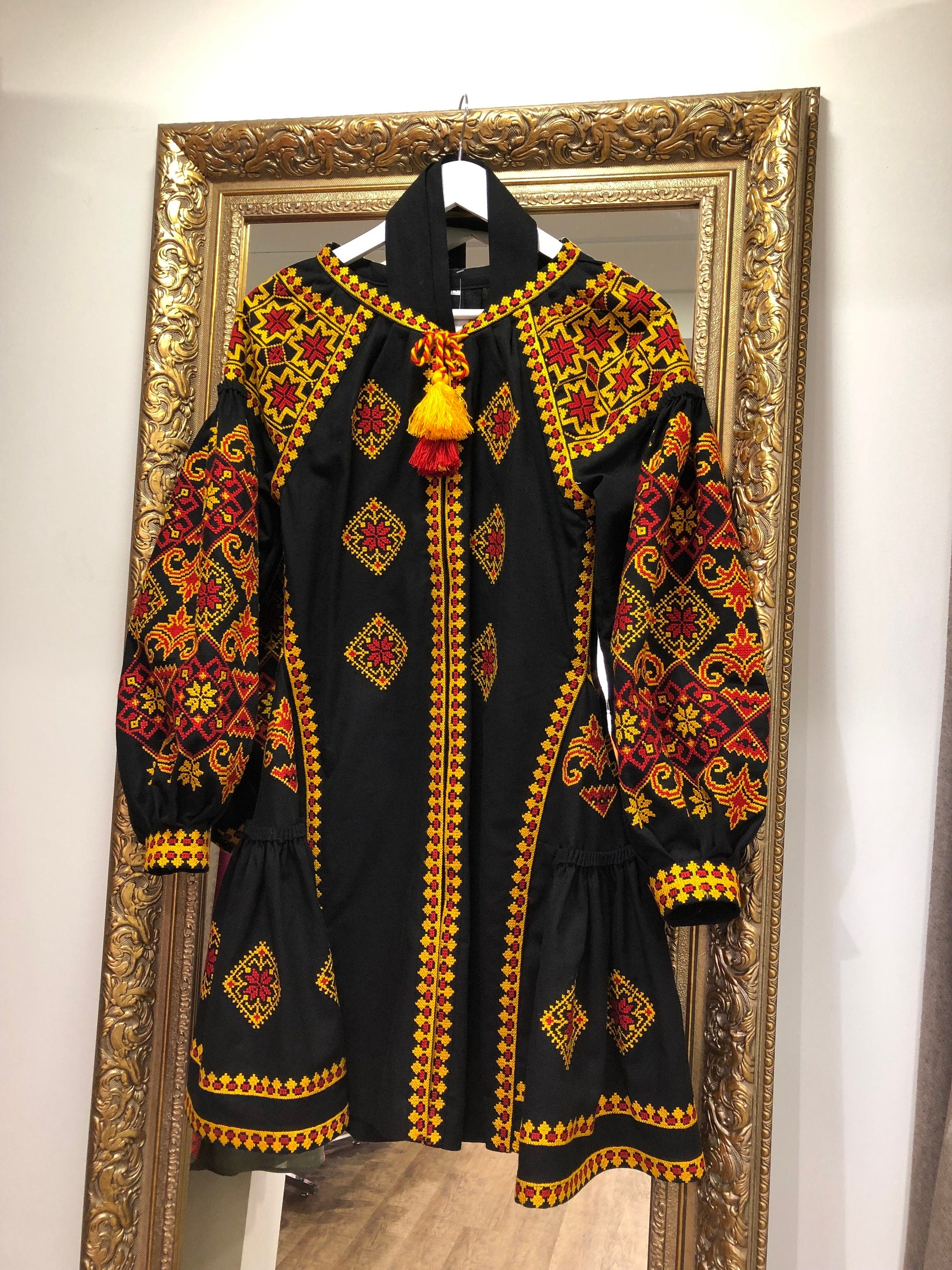 Black Ukrainian Vyshyvanka Embroidered Linen Dress for Women