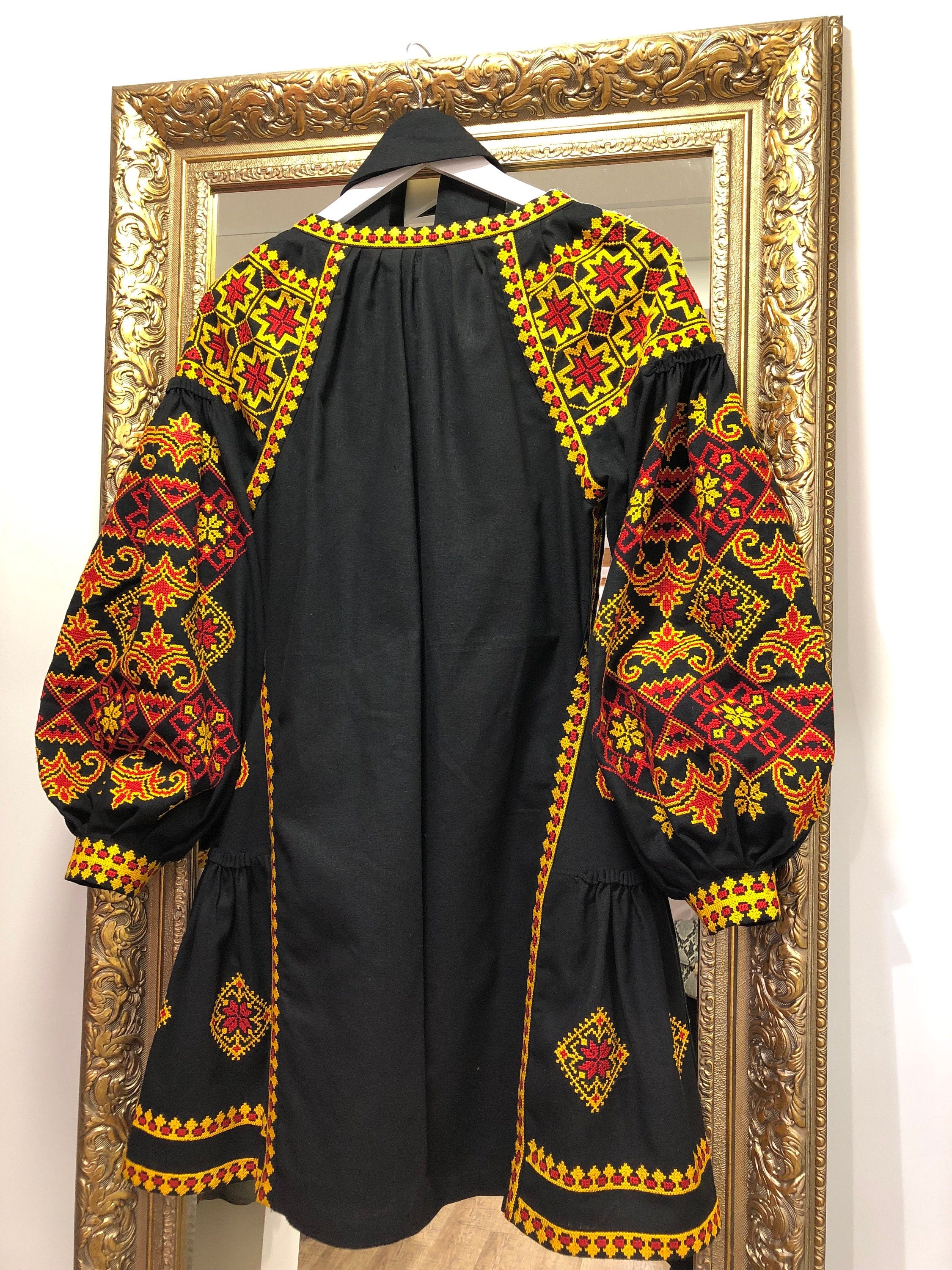Black Ukrainian Vyshyvanka Embroidered Linen Dress for Women